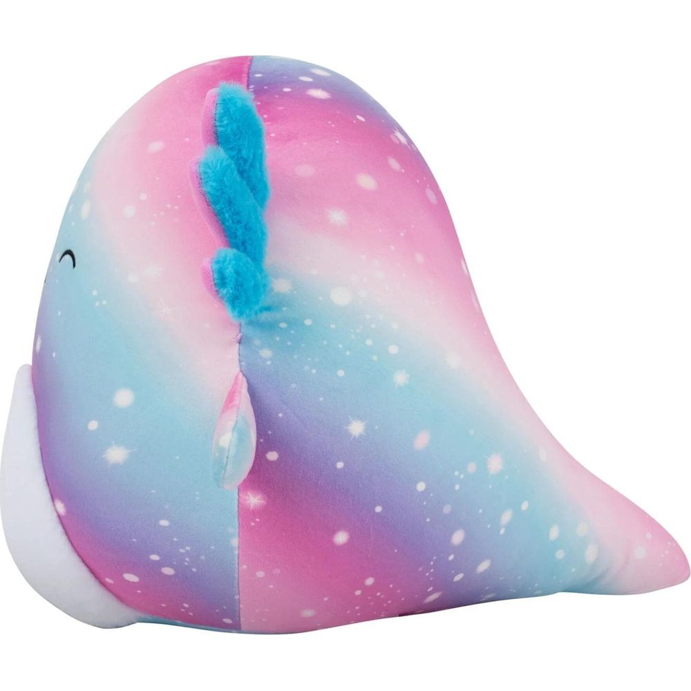 Ein weiches Plüschtier mit Pink-Blauem Galaxienmuster und flauschigen blauen Kiemen.