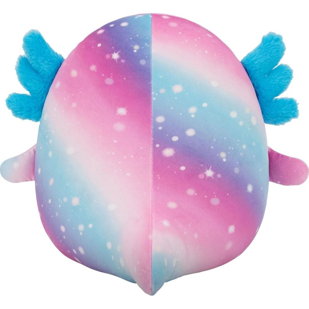 Ein Plüschtier mit rosa, blauem und lila Sternenmuster und blauen Haaren.