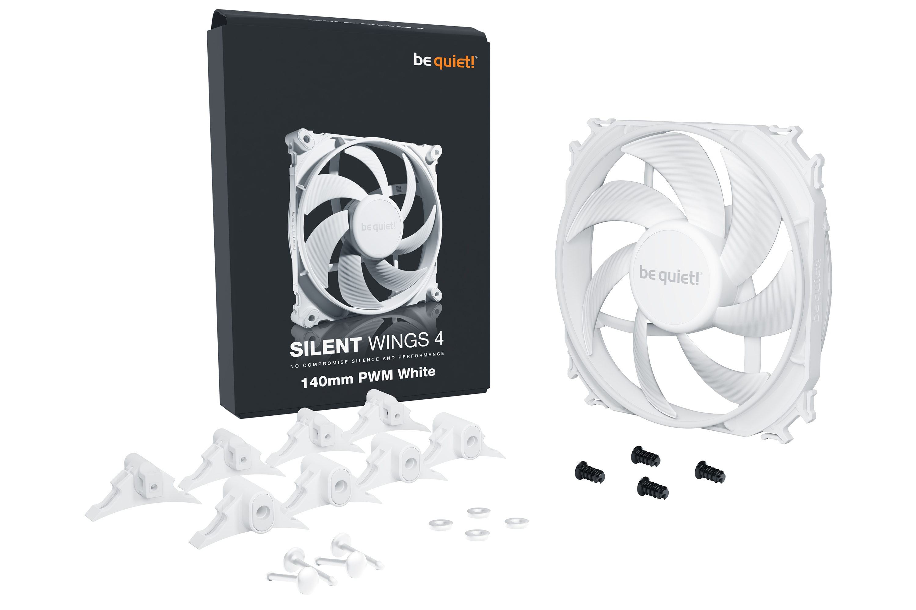 Ventilador blanco de 140mm con caja negra, soportes de montaje, tornillos y pines sobre fondo blanco.