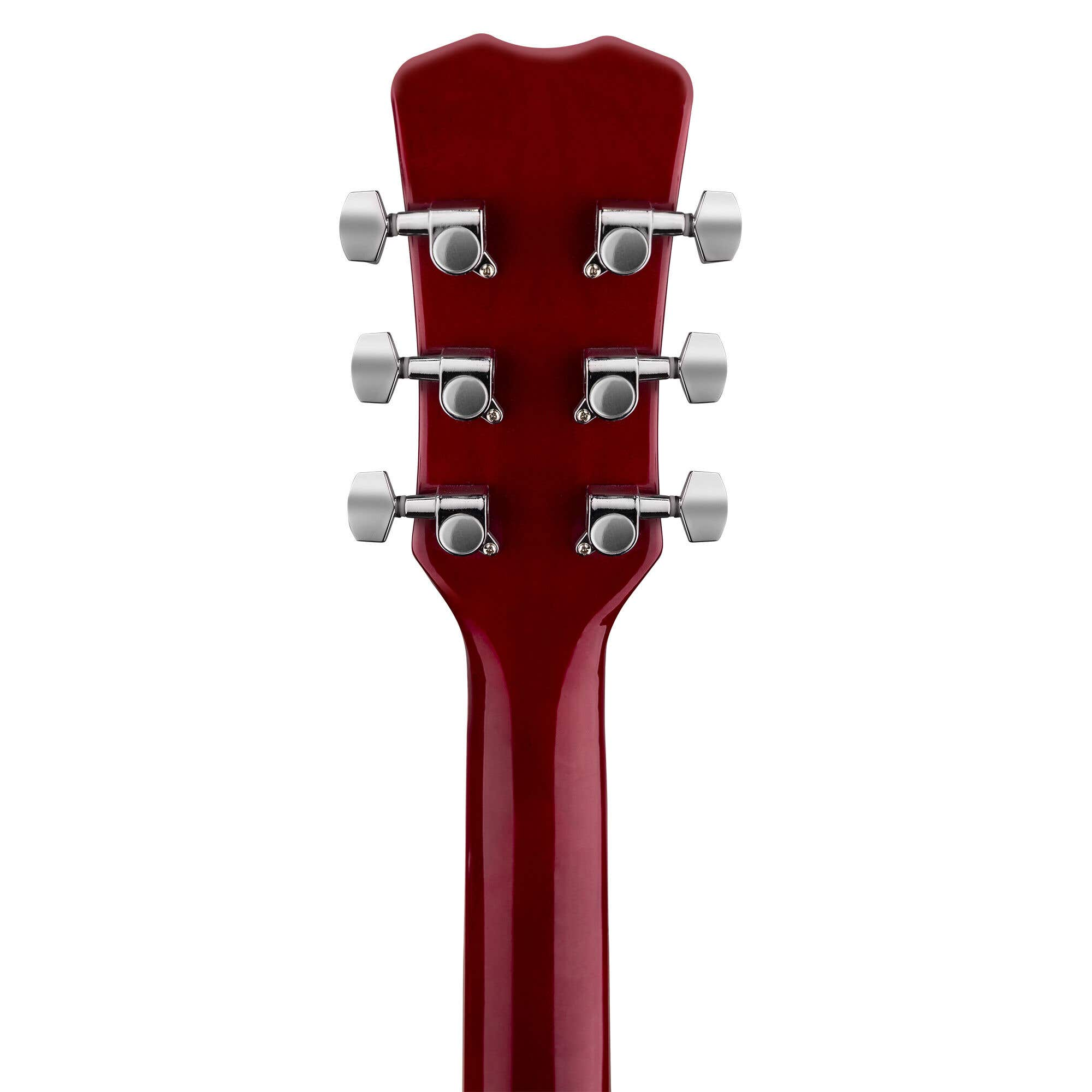 Parte trasera del clavijero de una guitarra roja con seis clavijas plateadas.