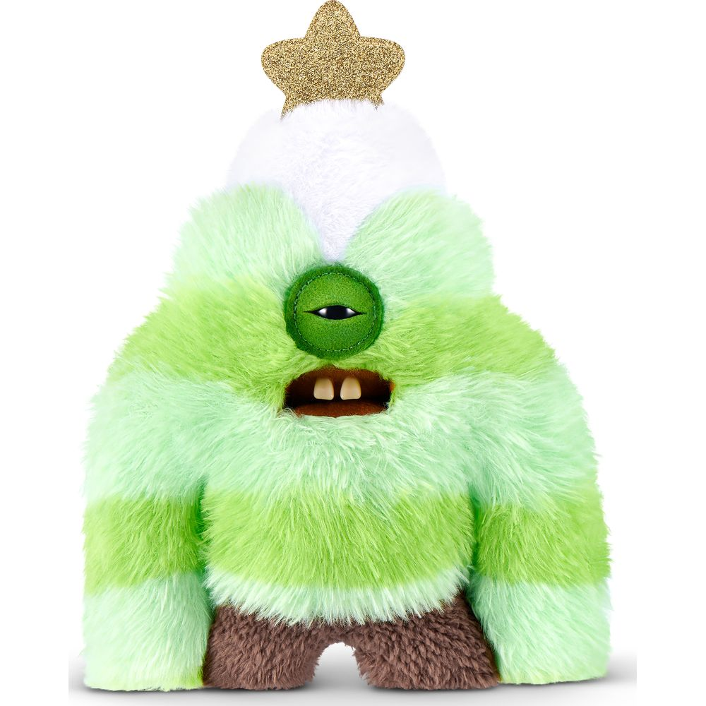 Ein flauschiges, einäugiges grünes Plüschmonster mit braunen Beinen und einem goldenen Stern auf dem Kopf vor weißem Hintergrund.