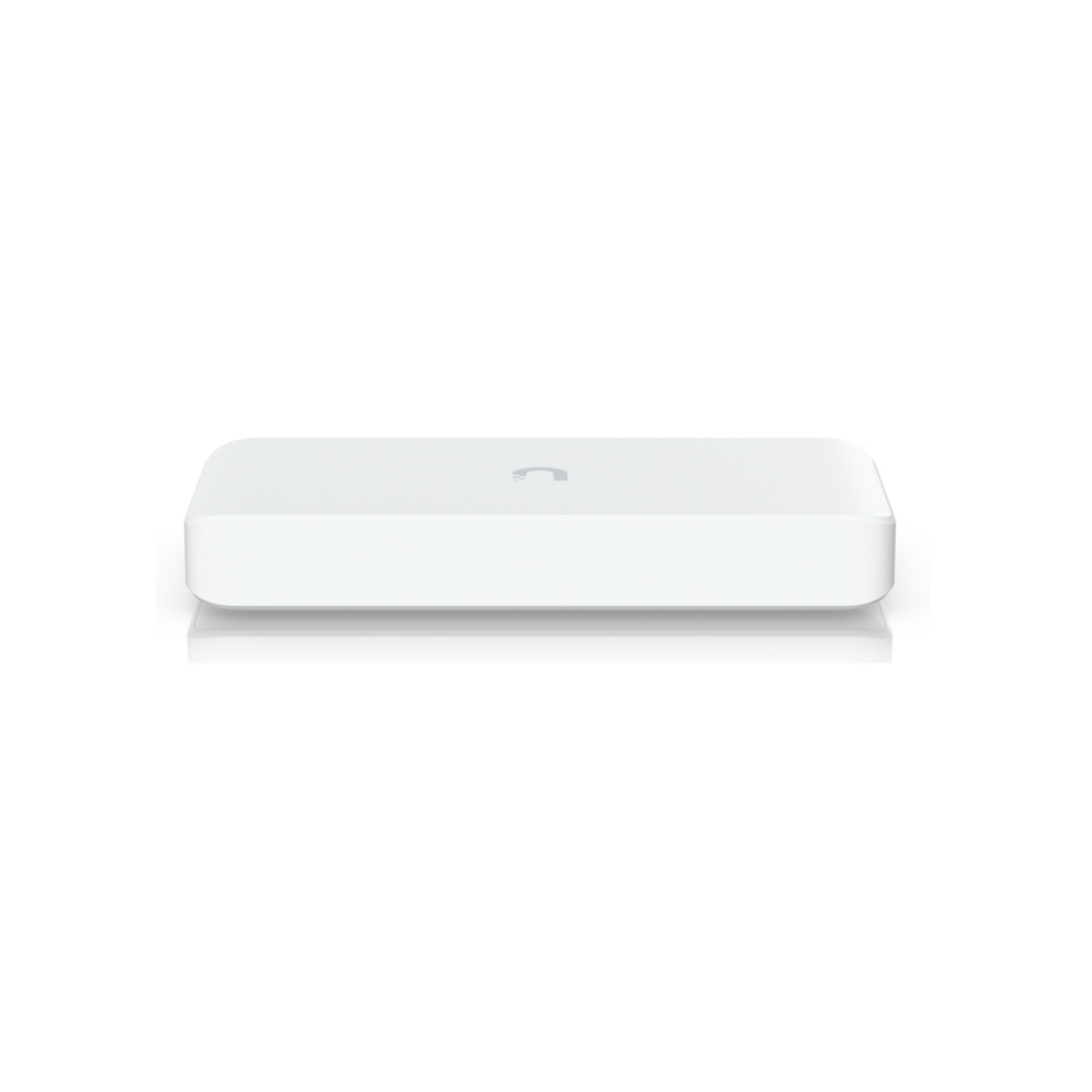 Un dispositivo electrónico plano y blanco con un logotipo gris sutil en la parte superior sobre fondo blanco.