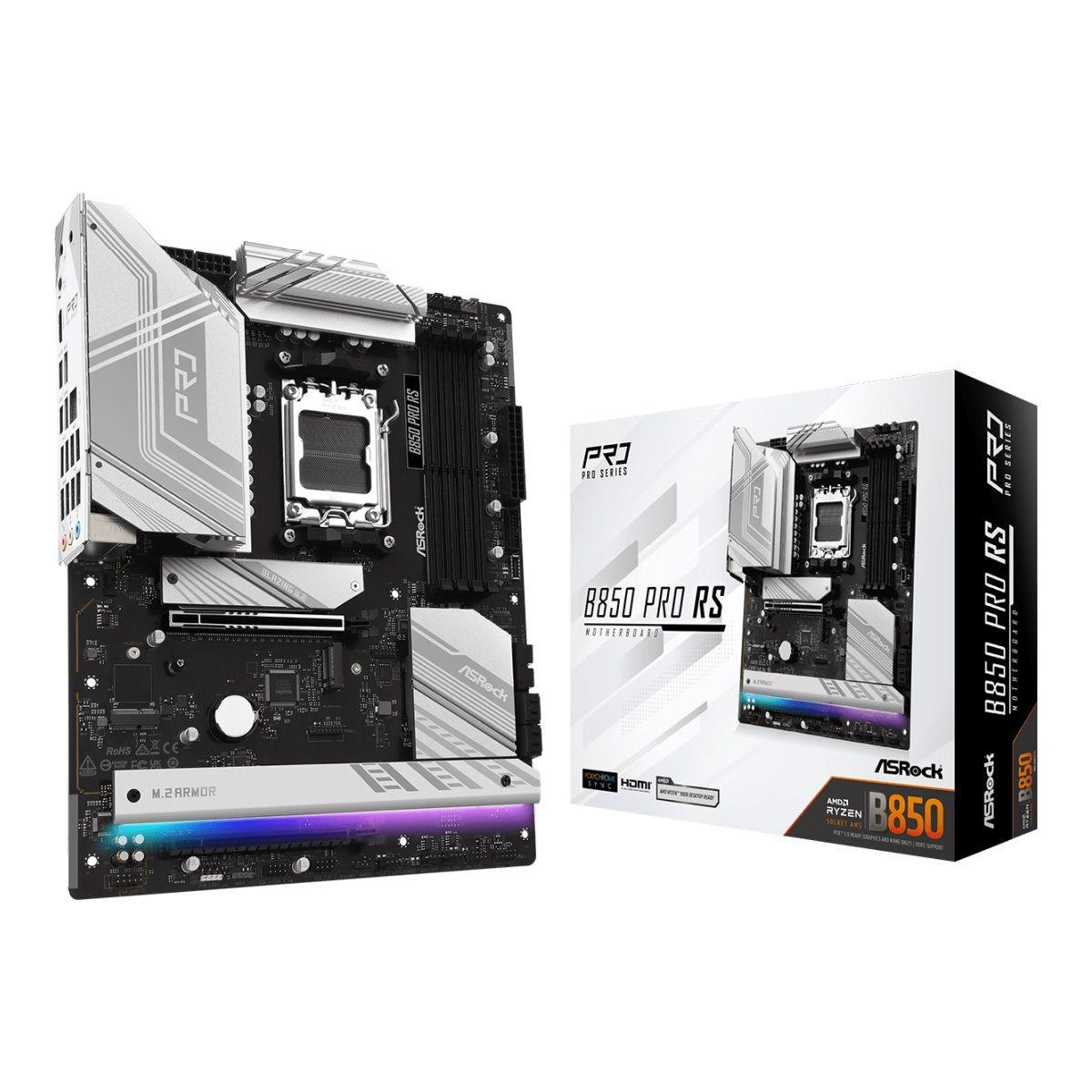 Una placa base ASRock B850 Pro RS con disipadores plateados y su caja de producto al lado sobre fondo blanco.