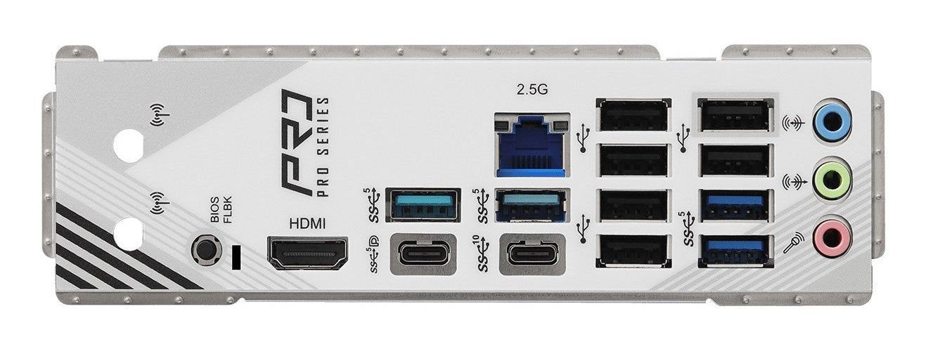 Panel trasero de una placa base con puertos HDMI, USB, Ethernet y de audio.