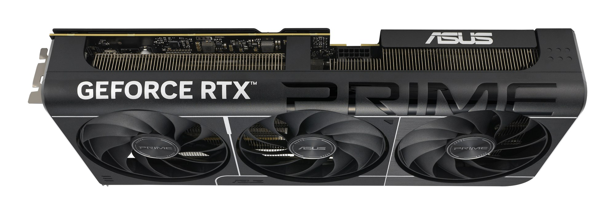 Czarna karta graficzna Asus GeForce RTX Prime z trzema wentylatorami na białym tle.