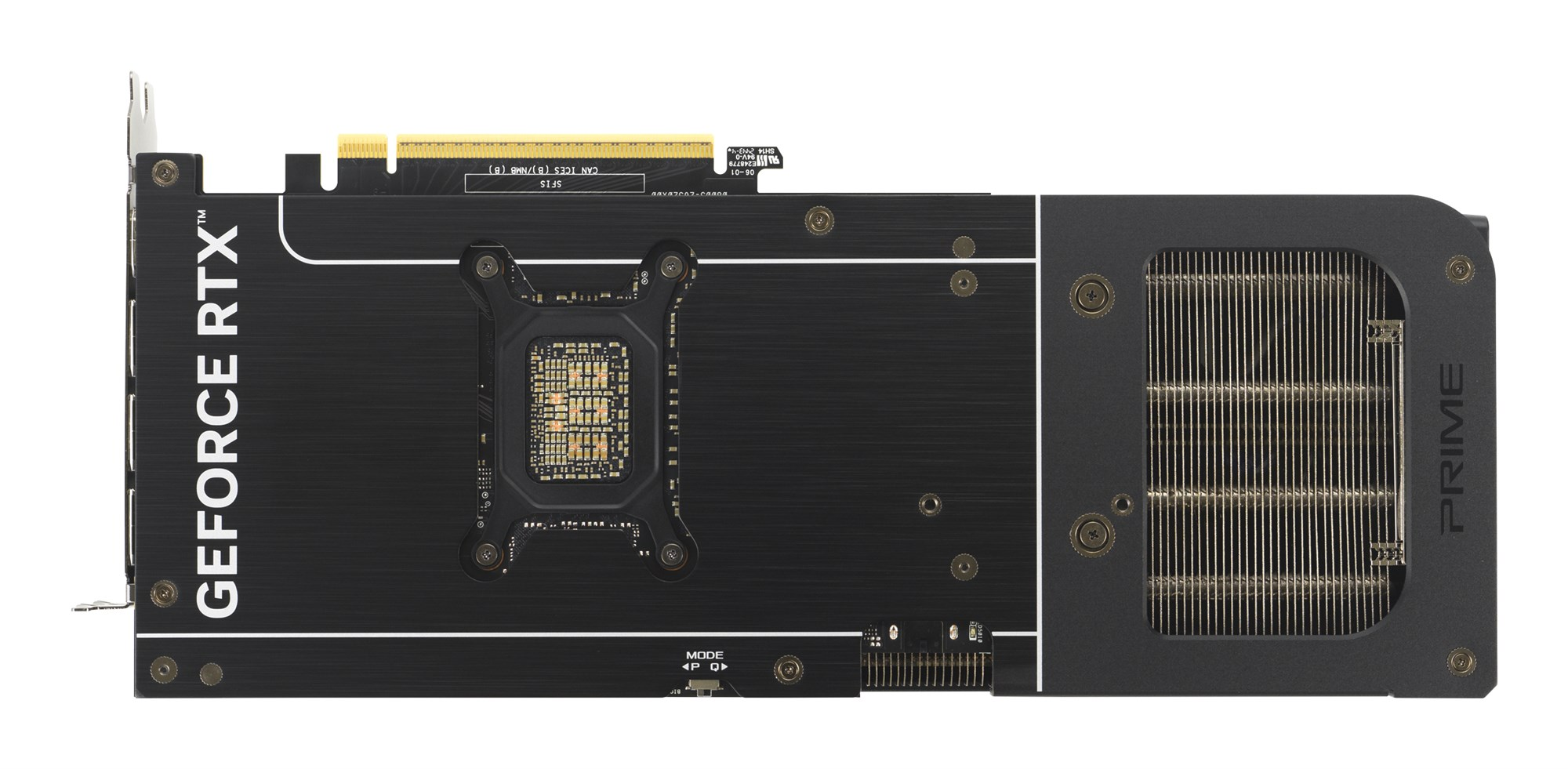 Tył czarnej karty graficznej z odsłoniętymi chipami i logo GeForce RTX.