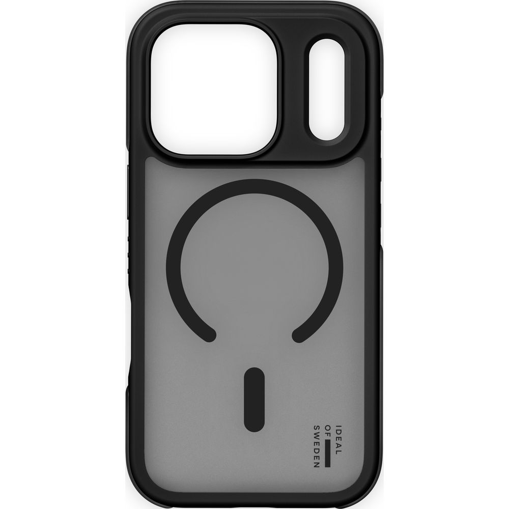 Schwarze, transluzente Handyhülle mit Kamera-Aussparung und kreisförmigem Design auf der Rückseite.
