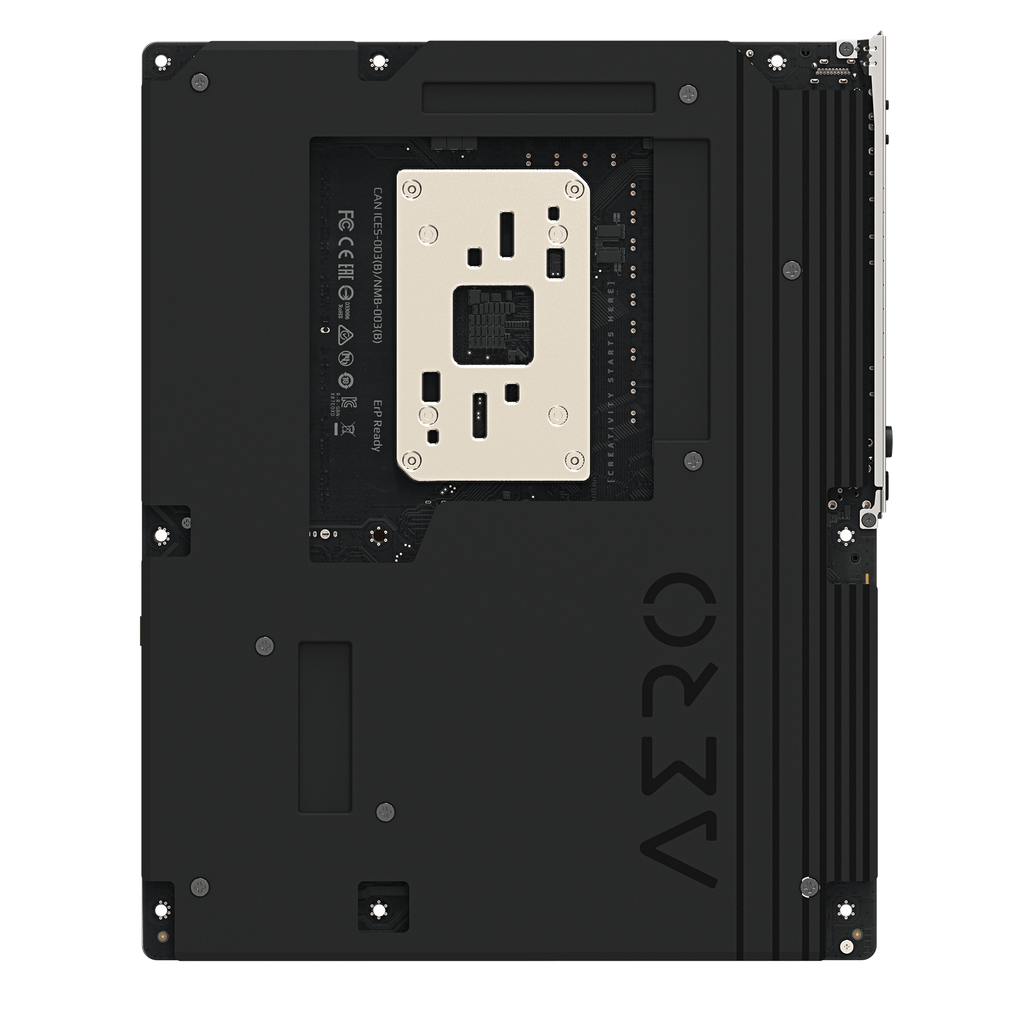 Una placa trasera de ordenador negra con placa de CPU plateada, texto blanco y la palabra AERO.
