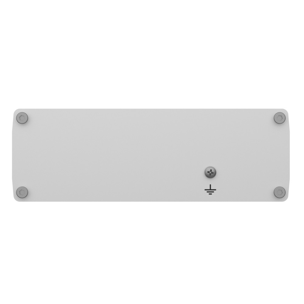 Una caja rectangular gris con cuatro tornillos en las esquinas y un símbolo de puesta a tierra cerca de un tornillo.