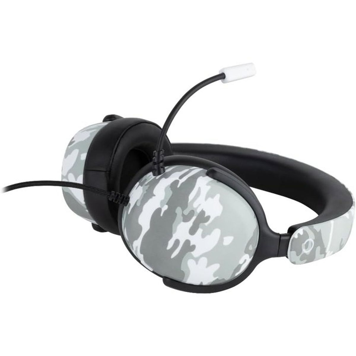 Cuffie da gioco camo grigie e bianche con archetto nero e microfono.