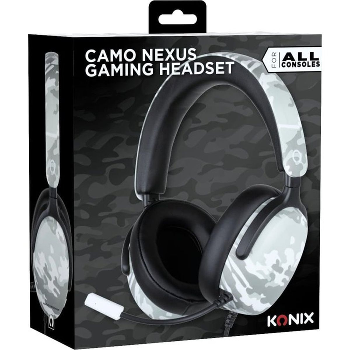 Scatola del headset da gioco Konix Camo Nexus in motivo mimetico bianco con cuscini neri e microfono.