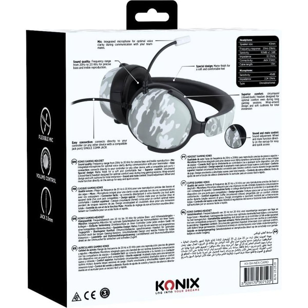 Confezione di un headset da gaming Konix con motivo mimetico, microfono attaccato e specifiche sul retro.