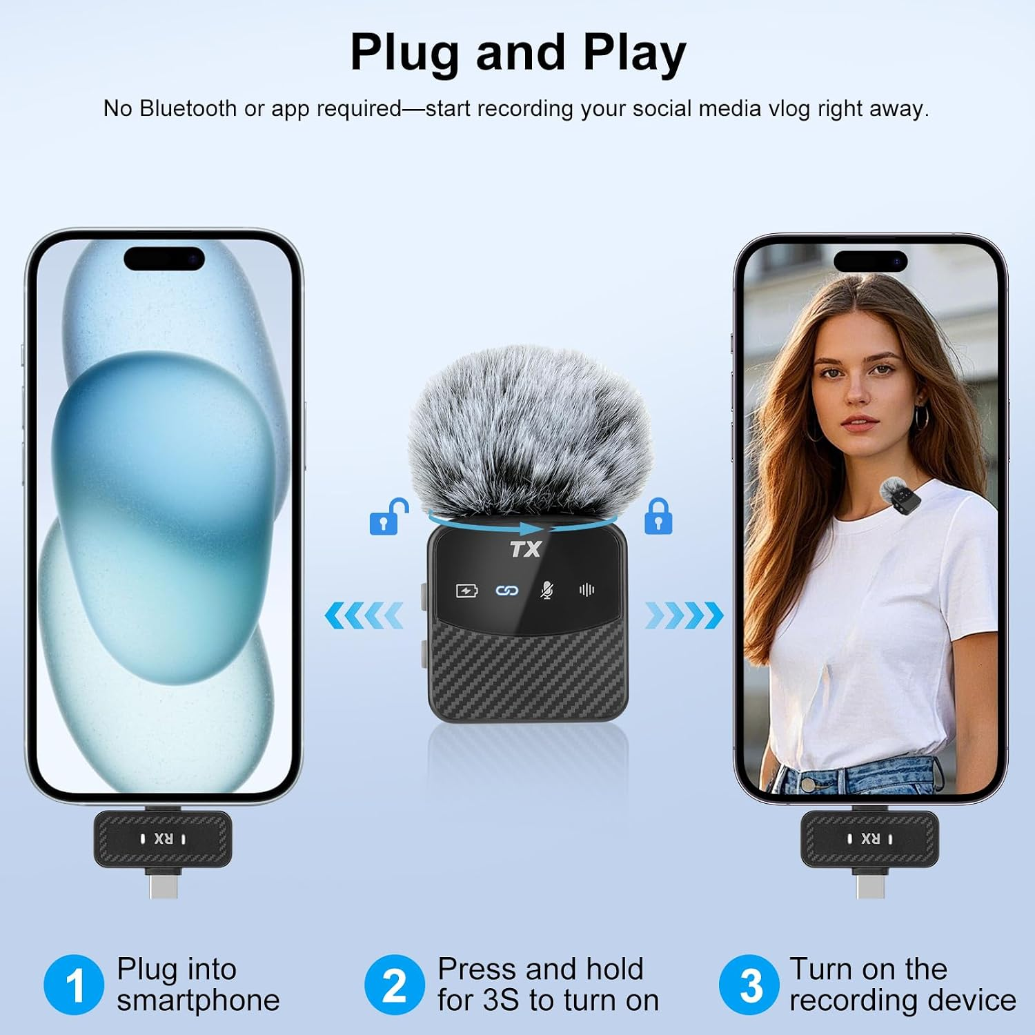 Anleitung für die plug-and-play Mikrofonverwendung mit dem Smartphone in drei Schritten.