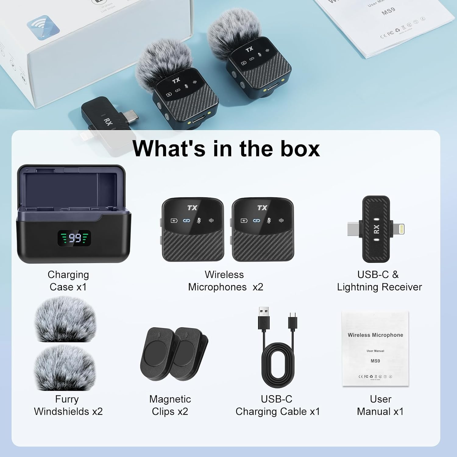 Ladebox, zwei Mikrofone, Empfänger, Fellwindschutze, Magnetclips, Ladekabel und Anleitung.