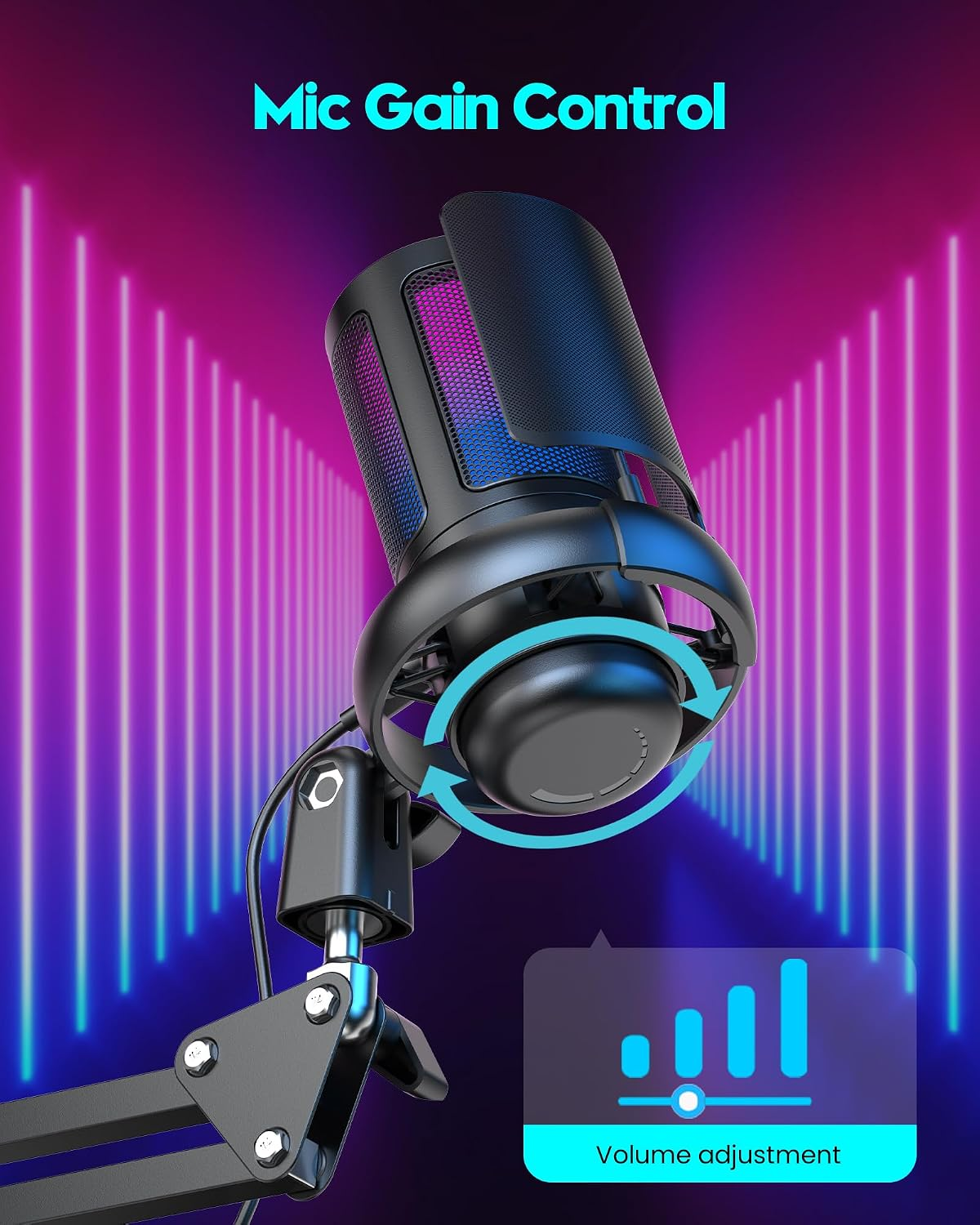 Ein schwarzes Mikrofon mit blau-rosa Beleuchtung an einem Arm vor pink-blauem Hintergrund mit vertikalen Lichtstreifen.
