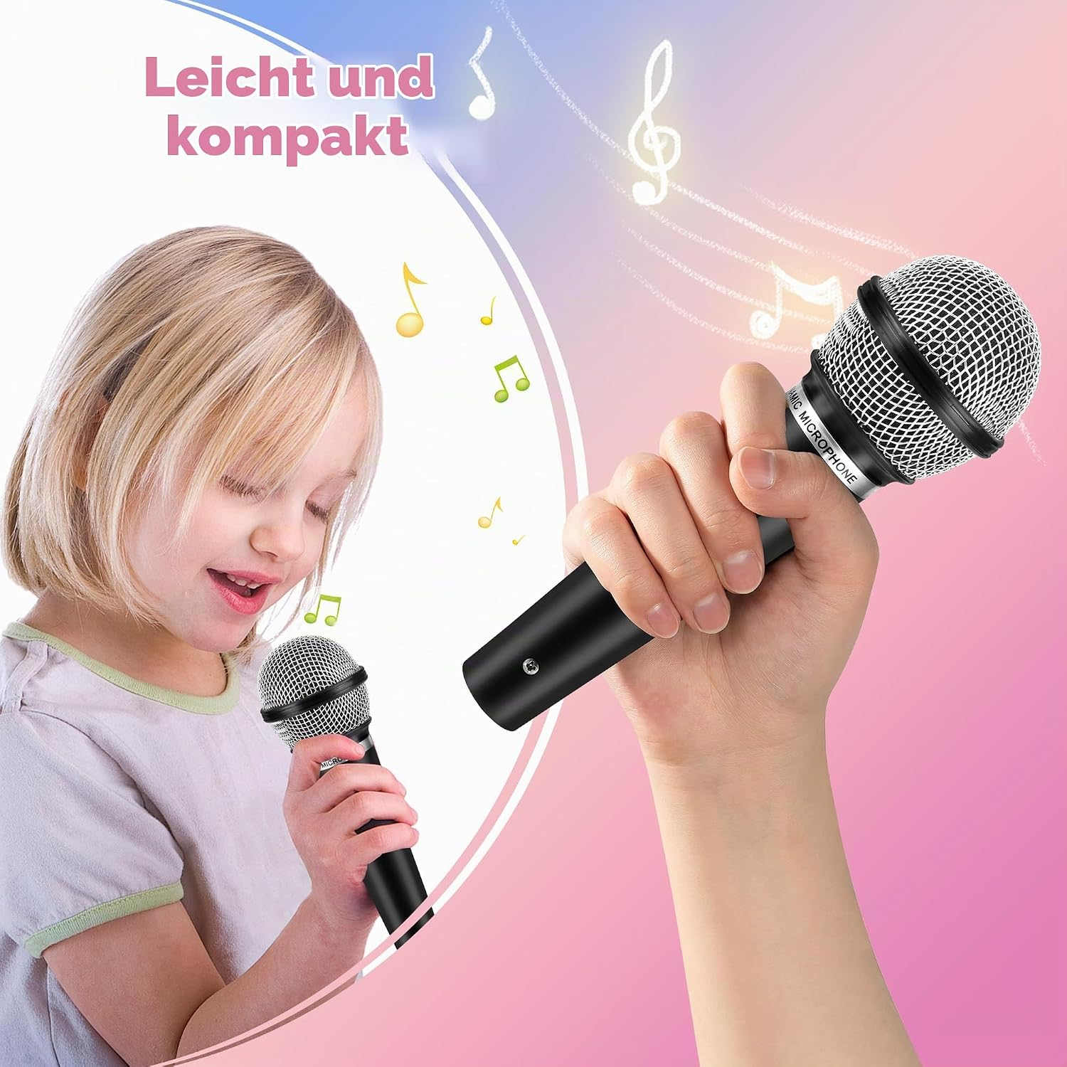 Ein Kind singt in ein Mikrofon, im Hintergrund schwebende Noten.