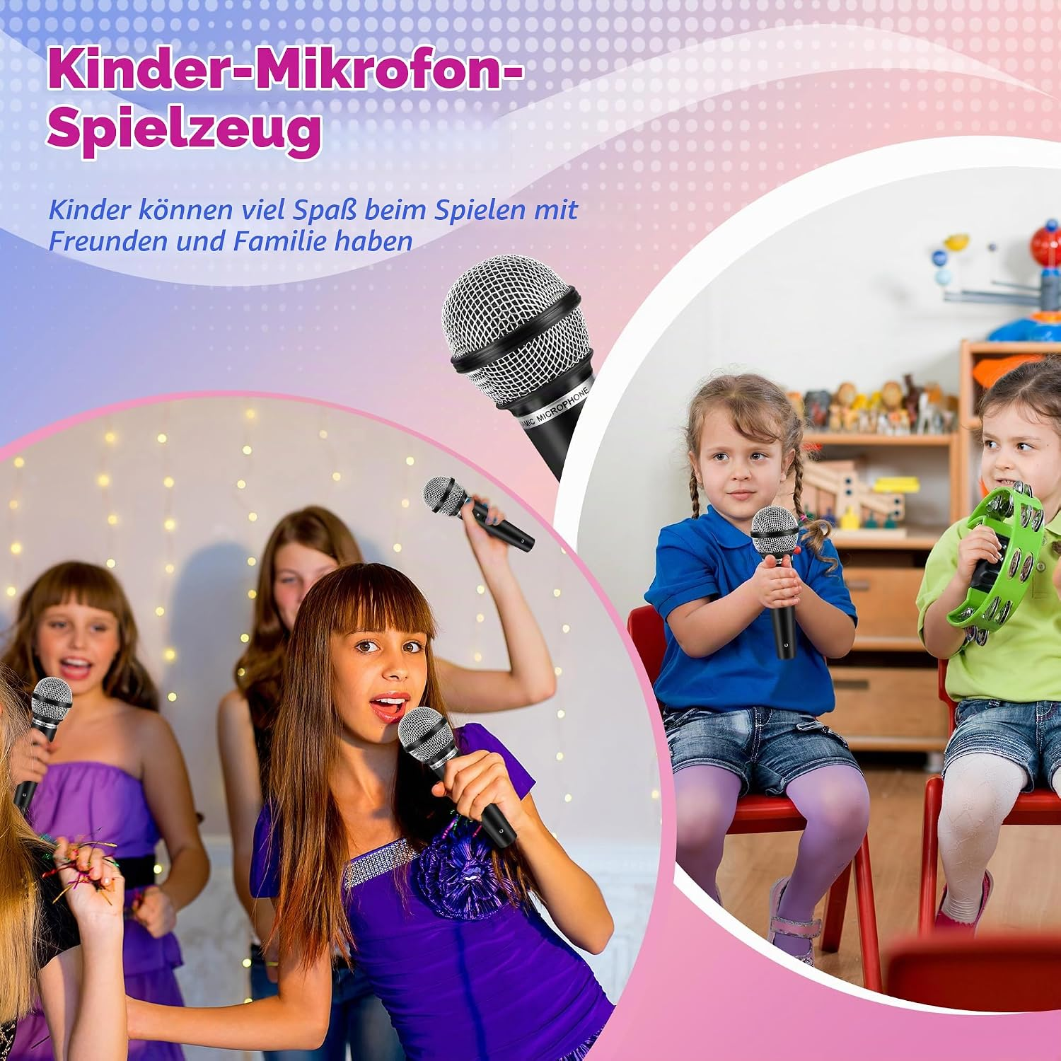 Kinder spielen mit Spielzeug-Mikrofonen in einem bunten und fröhlichen Zimmer.