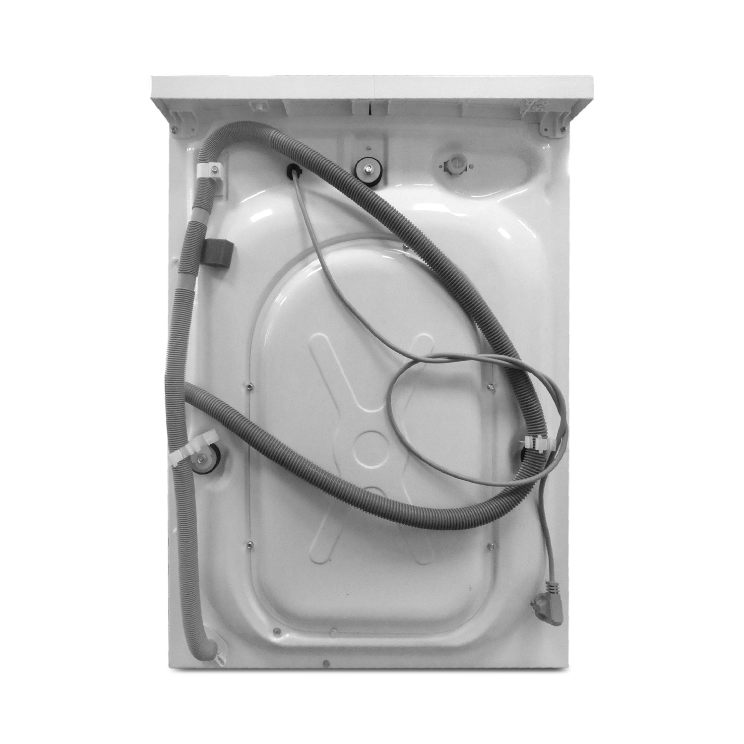 Rückseite einer Waschmaschine mit angeschlossenen Schläuchen und Netzkabel.