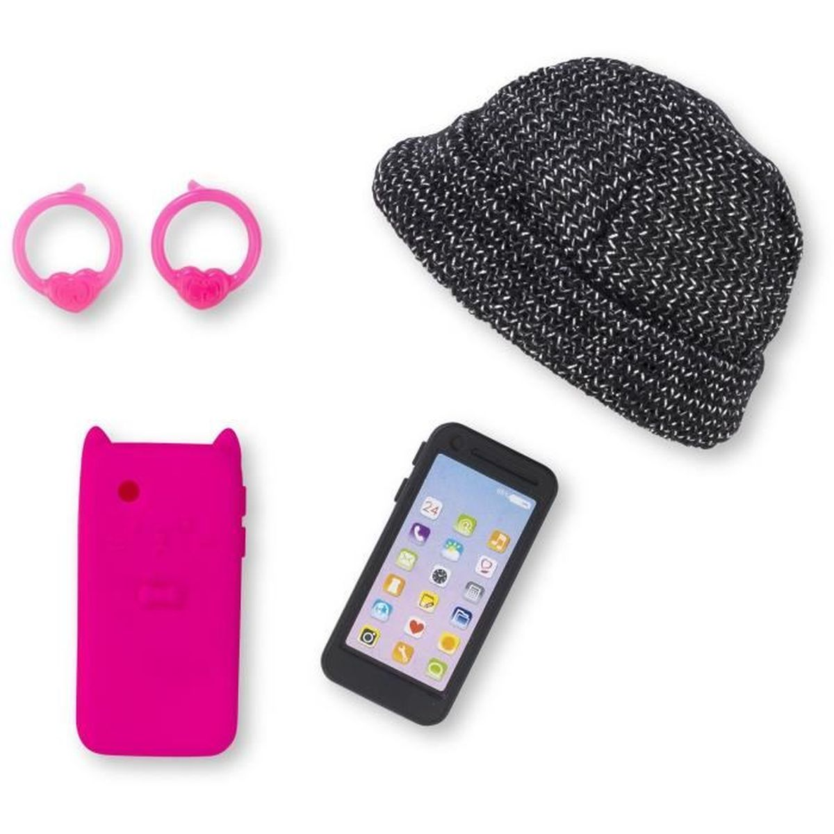 Set mit einer schwarzen Mütze, einem schwarzen Smartphone mit bunten Apps, einer pinken Handyhülle und zwei pinken Ohrringen.
