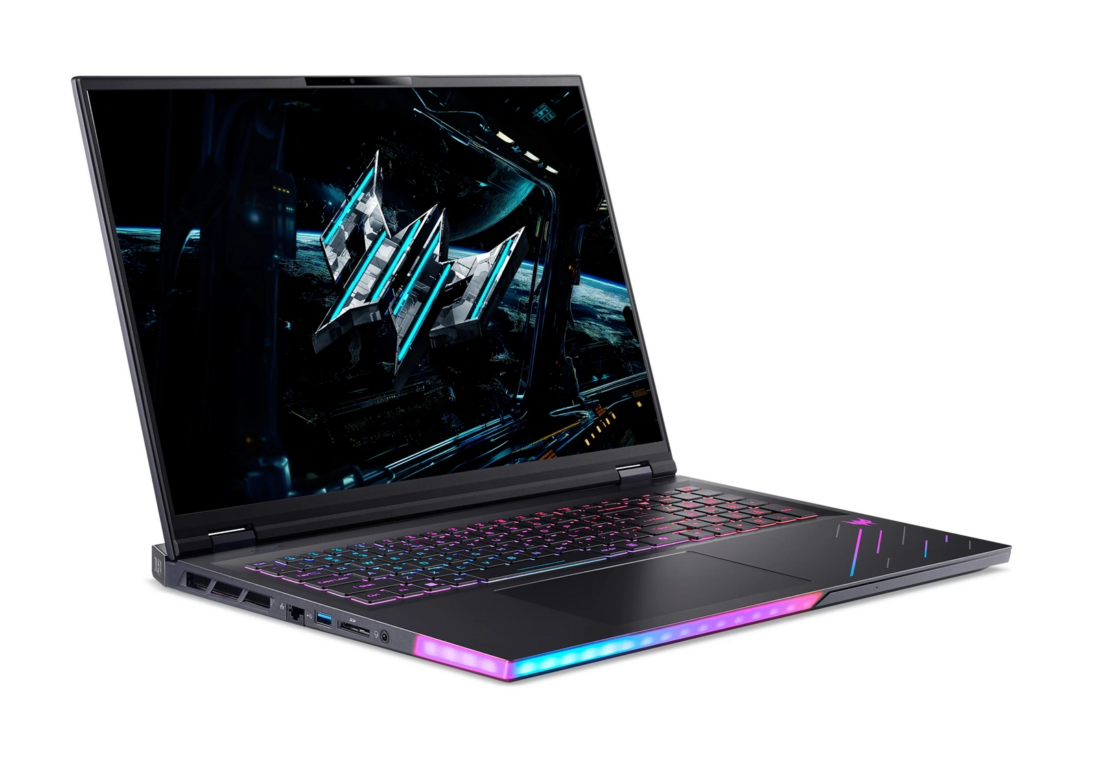 Un laptop da gioco nero con illuminazione RGB colorata sulla tastiera e sulla base anteriore, con uno schermo sci-fi.
