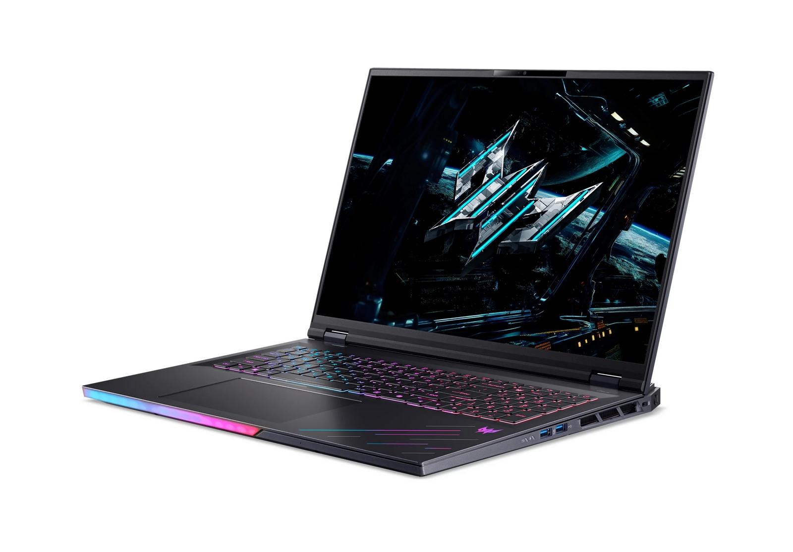 Un laptop da gioco nero con retroilluminazione della tastiera colorata e grafica futuristica sullo schermo.