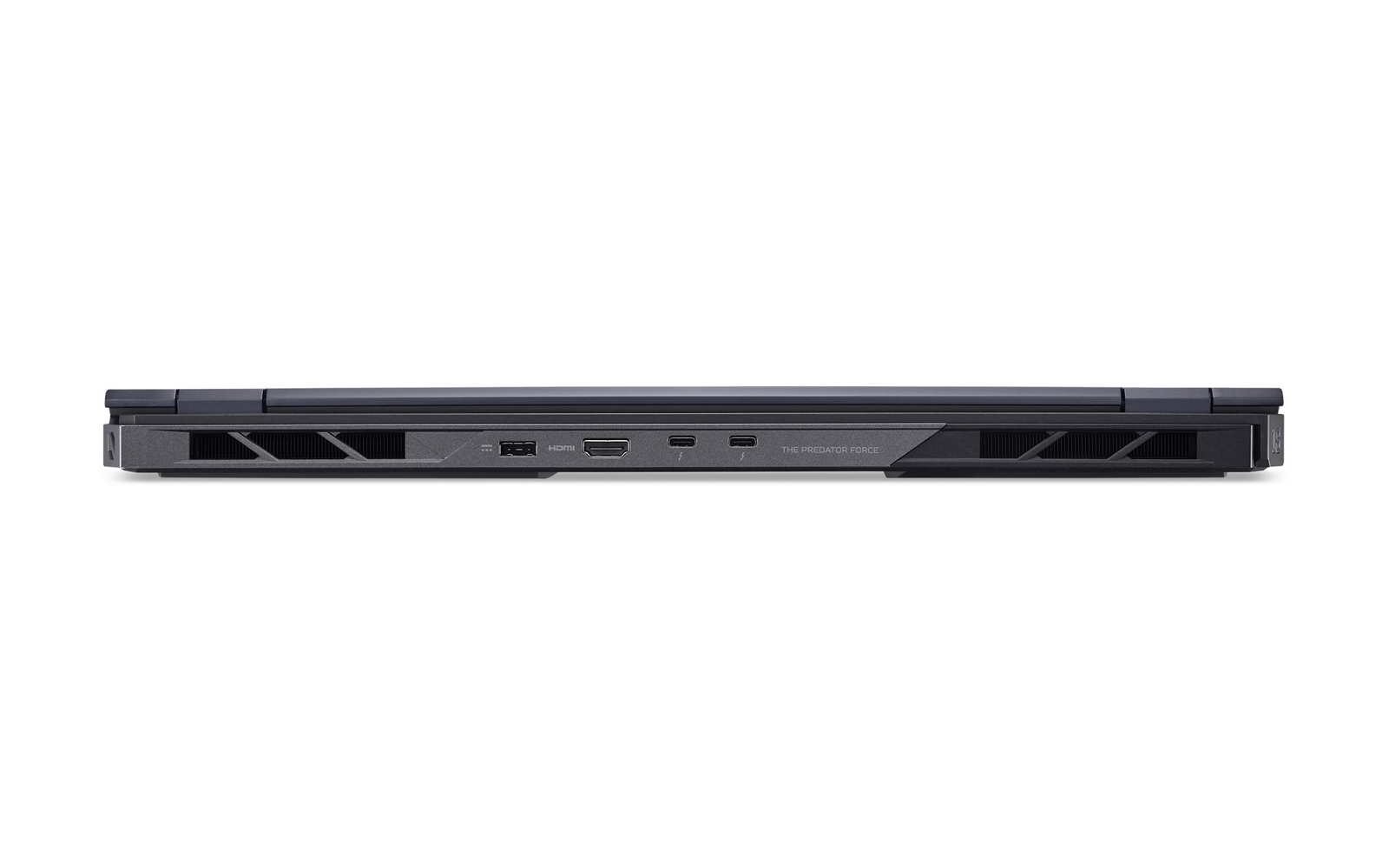 Retro di un laptop grigio con prese d'aria, porte USB, HDMI e USB-C.