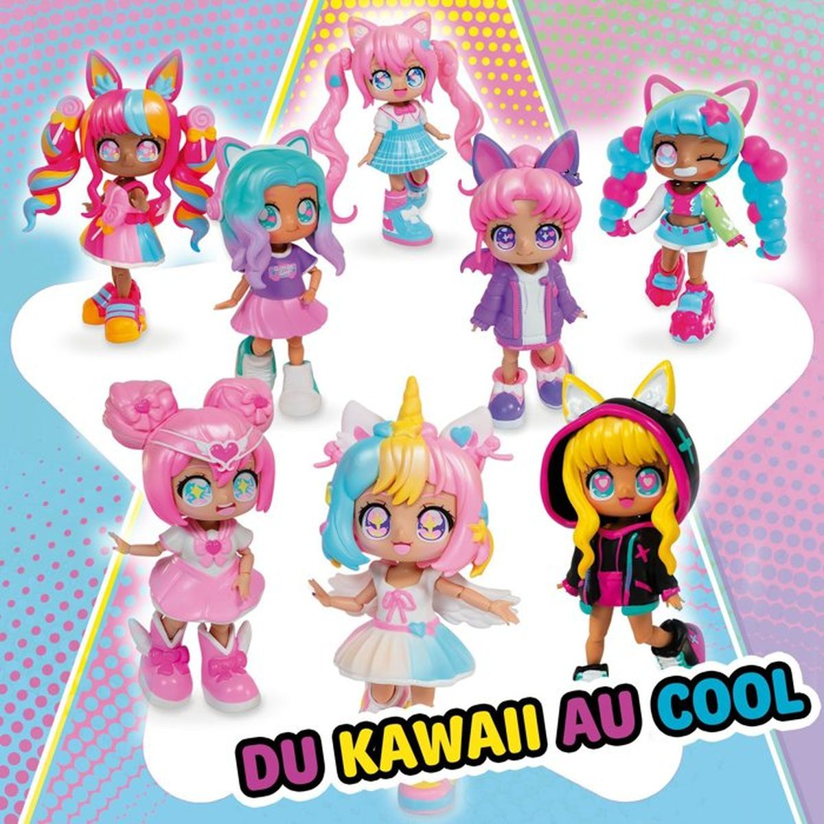Sieben bunte, kawaii-stilisierte Modepuppen vor einem pink-blauen Hintergrund mit Text.