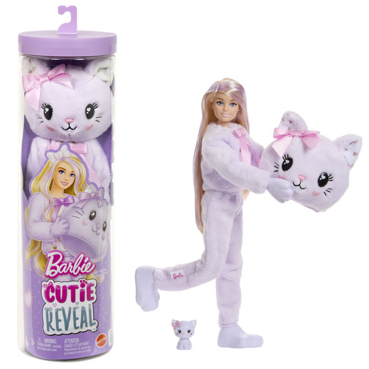 Barbie Cutie Reveal Puppe im lila Katzenkostüm mit Katzenkopfbedeckung, Haustier und Verpackung.
