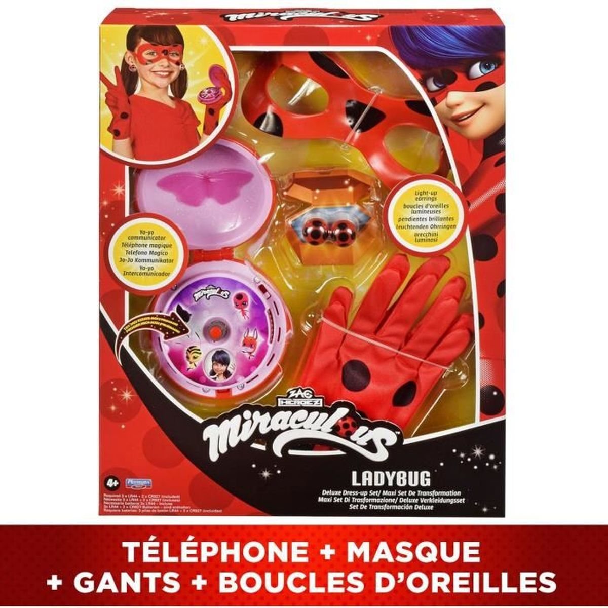 Miraculous Ladybug Verkleidungsset mit Maske, Yo-Yo, Handschuhen und Ohrringen in bunter Box.