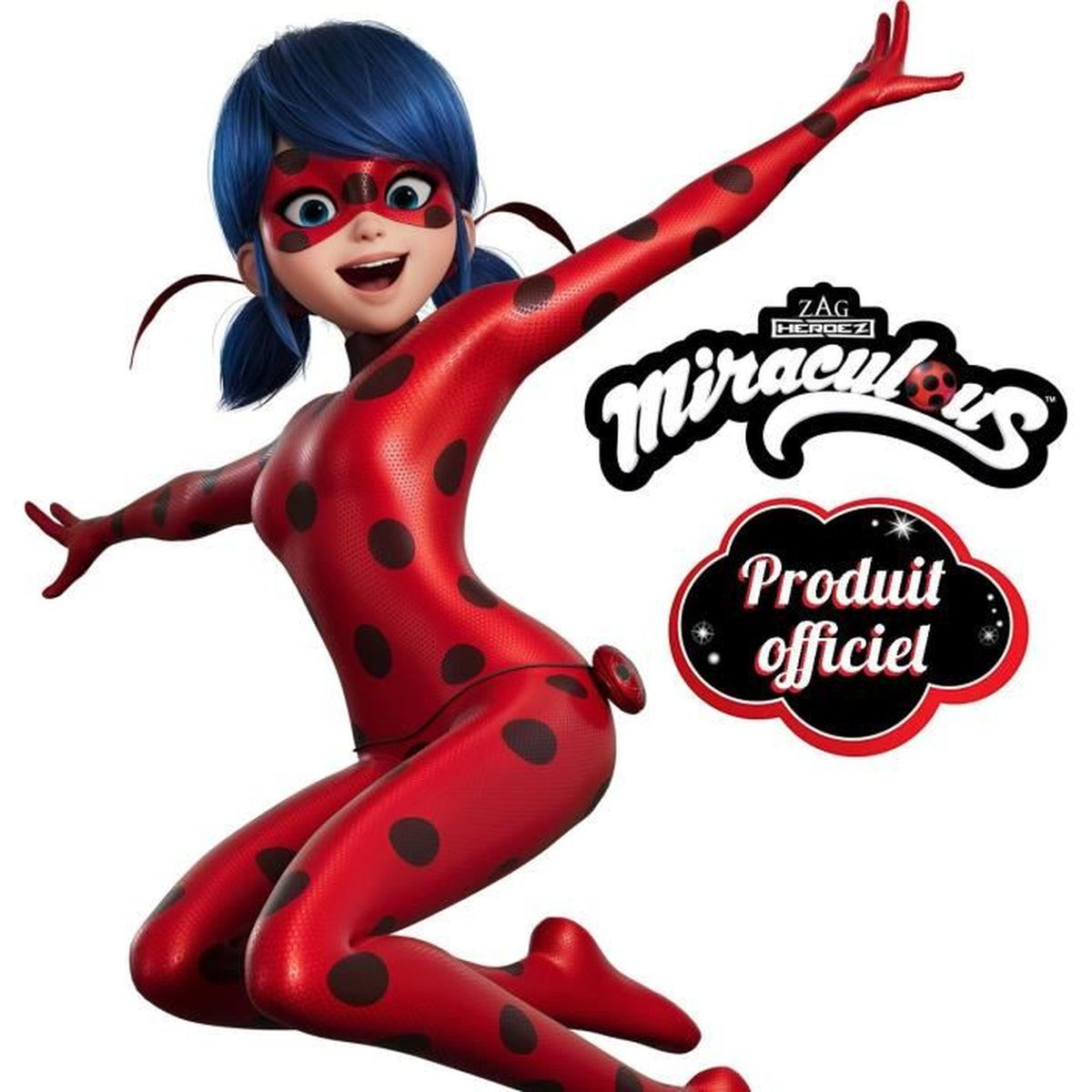 Ladybug in einem rot-schwarz gepunkteten Anzug springt lächelnd neben dem Miraculous-Logo.