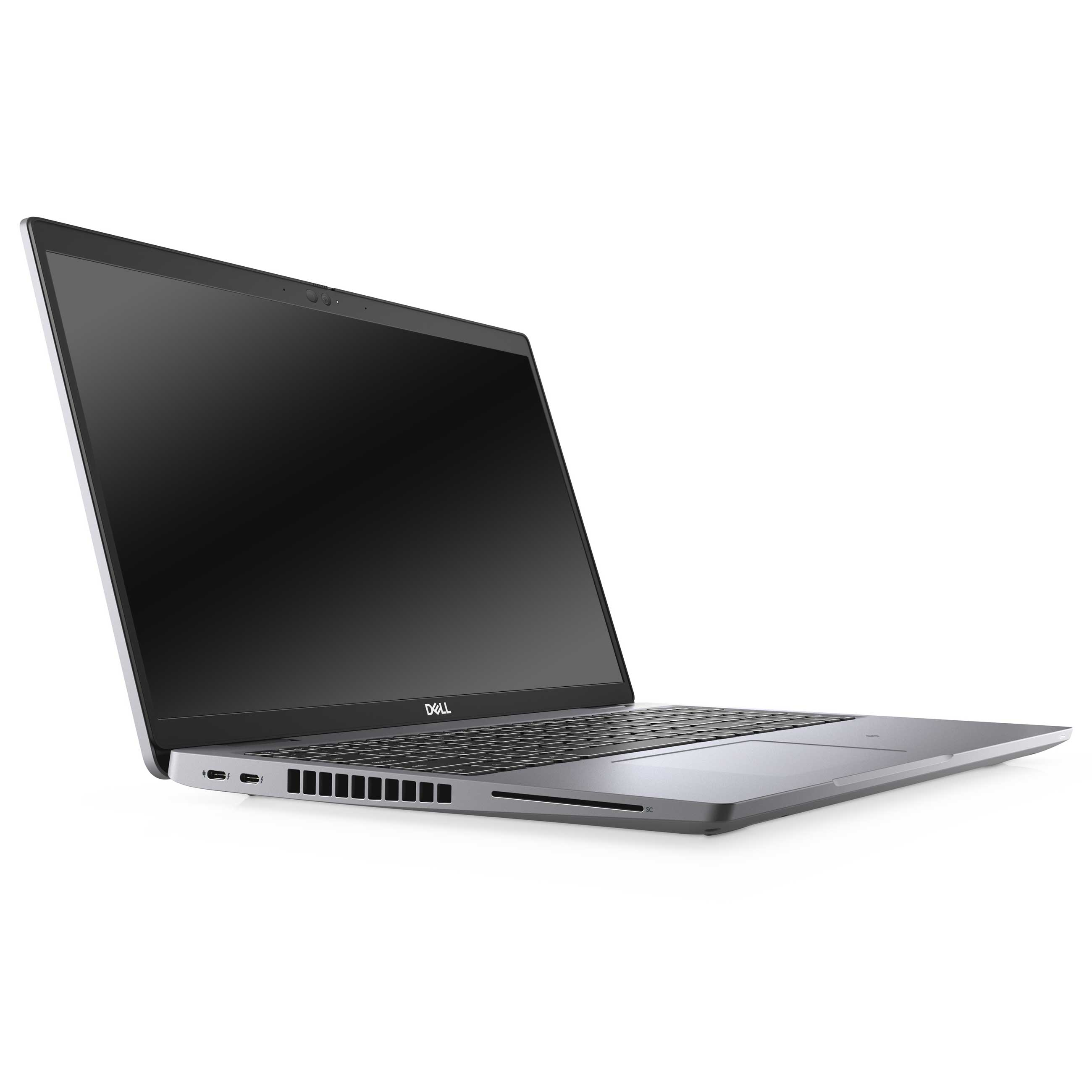 Ein silberner Dell-Laptop mit schwarzem Bildschirm steht auf weißem Hintergrund, seitlich geneigt.