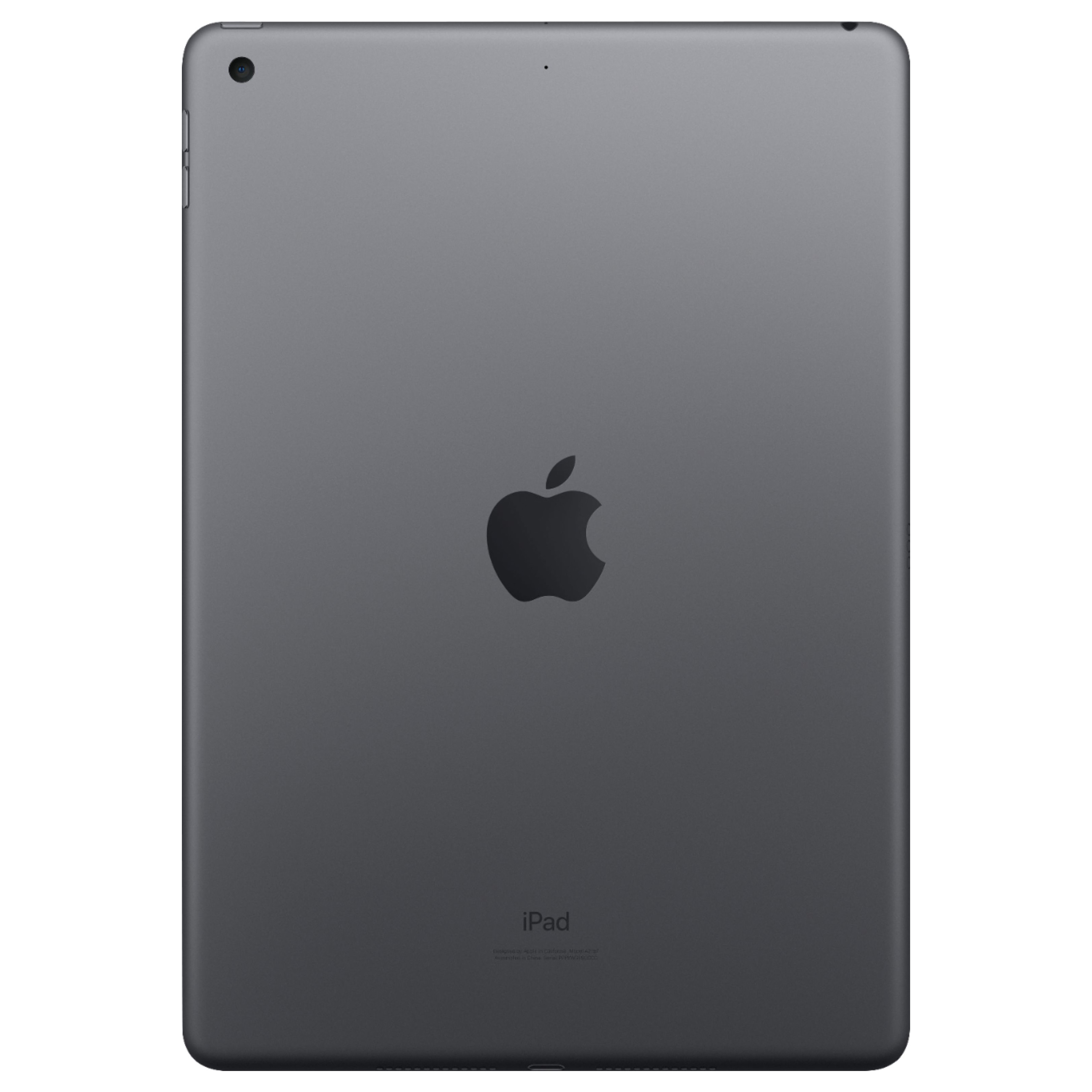 Tył szarego iPada z logo Apple pośrodku, aparatem w lewym górnym rogu i napisem iPad na dole.