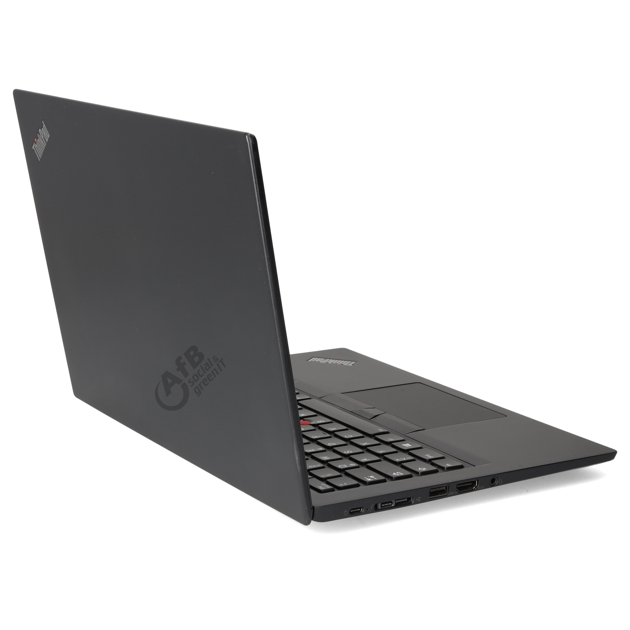 Schwarzer ThinkPad-Laptop auf weißem Hintergrund mit einem AfB-Social & Green IT Logo auf der geschlossenen Displayrückseite.