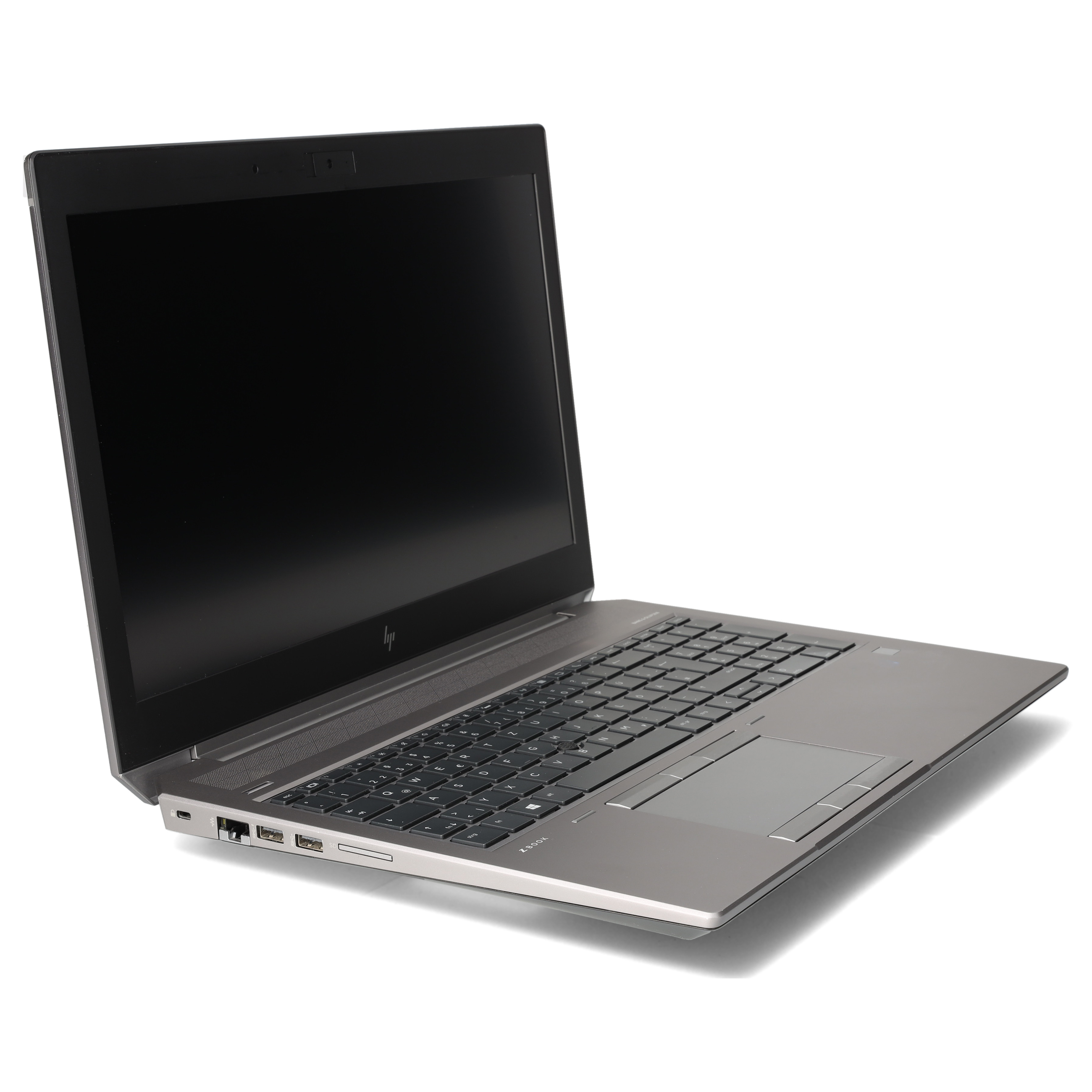 Ein grauer Laptop auf weißem Hintergrund, seitlich geöffnet mit schwarzem Bildschirm.