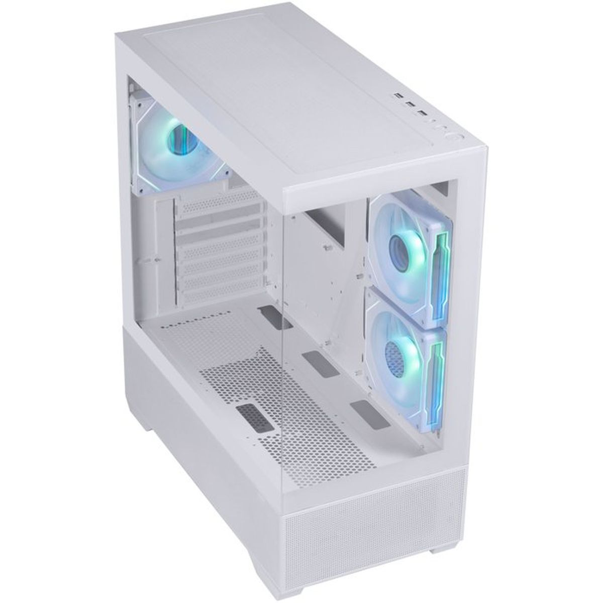 Ein leeres, weißes PC-Gehäuse mit Glasfront und drei beleuchteten Lüftern.
