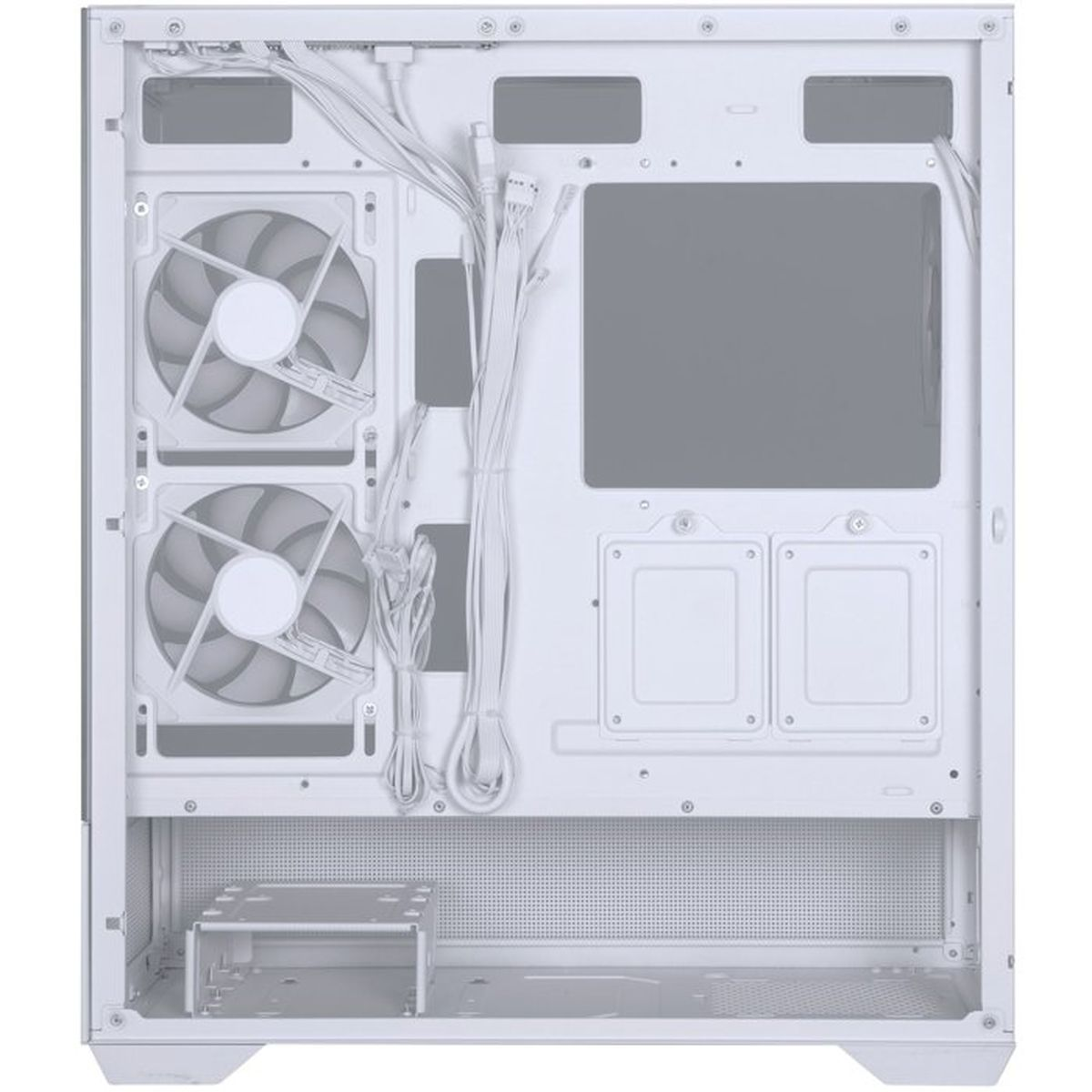 Innenansicht eines leeren weißen PC-Gehäuses mit zwei Lüftern, Kabeln und Speicherhalterungen.