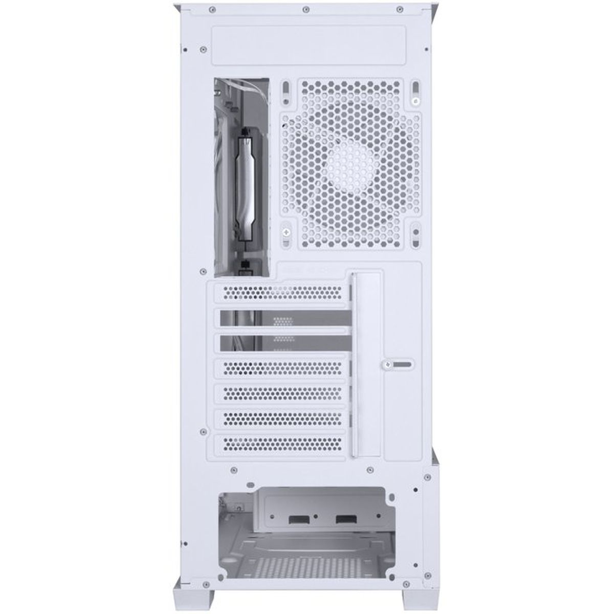 Die Rückseite eines weißen PC-Gehäuses mit Lüftungsgittern, Lüfterausschnitt und Erweiterungssteckplätzen.