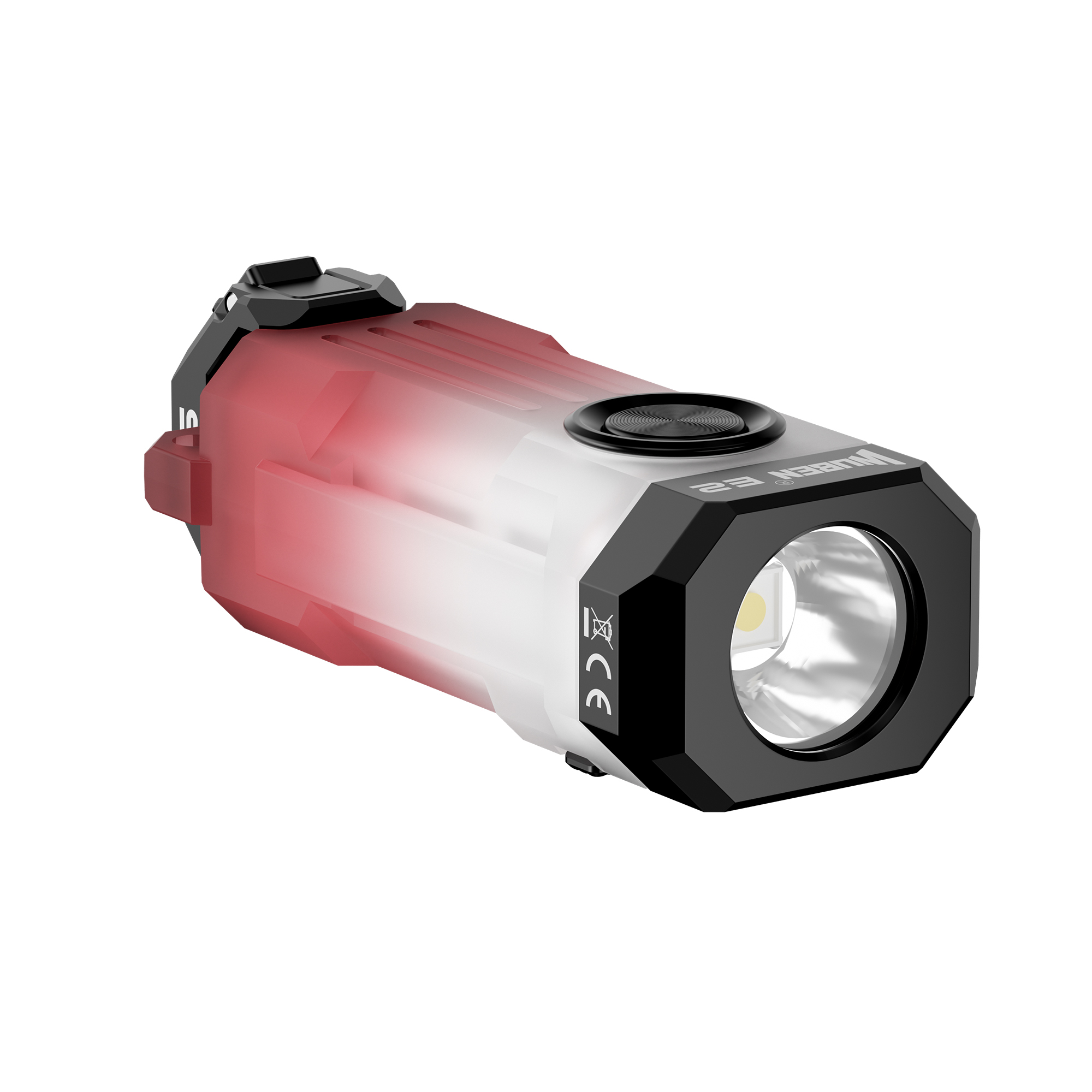 Eine kompakte rechteckige Taschenlampe mit schwarzen Enden, weißem Körper und rotem Leuchten vor weißem Hintergrund.