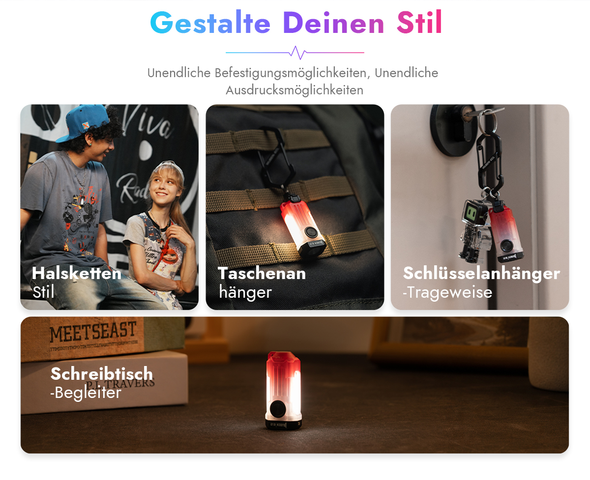 Verschiedene Einsatzmöglichkeiten einer kleinen roten Leuchte als Halskette, Taschenanhänger, Schlüsselanhänger und Tischlampe.