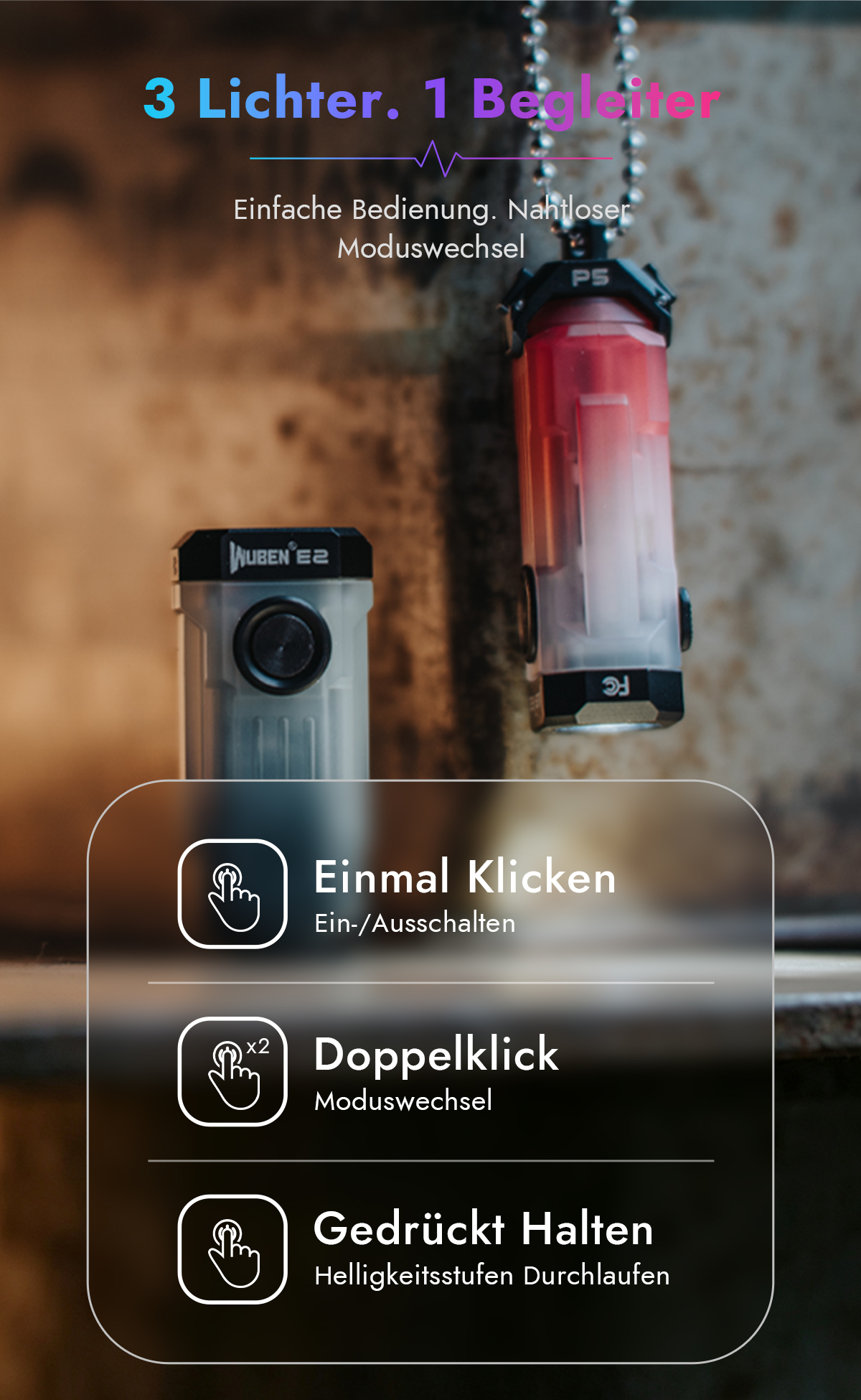 Zwei kleine Taschenlampen mit Anweisungen zur Ein-Knopf-Bedienung auf einem unscharfen Hintergrund.
