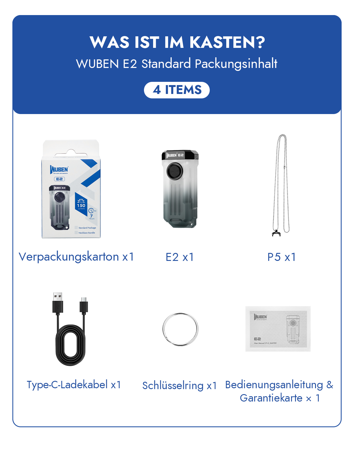 WUBEN E2 Taschenlampe Packungsinhalt mit Artikelnamen und Mengen.