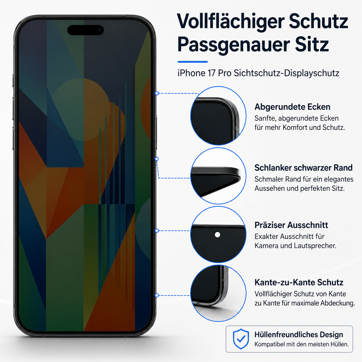 Smartphone mit Displayschutz, Nahaufnahmen zeigen abgerundete Ecken, dünnen Rand, präzise Ausschnitte und Kante-zu-Kante-Schutz.