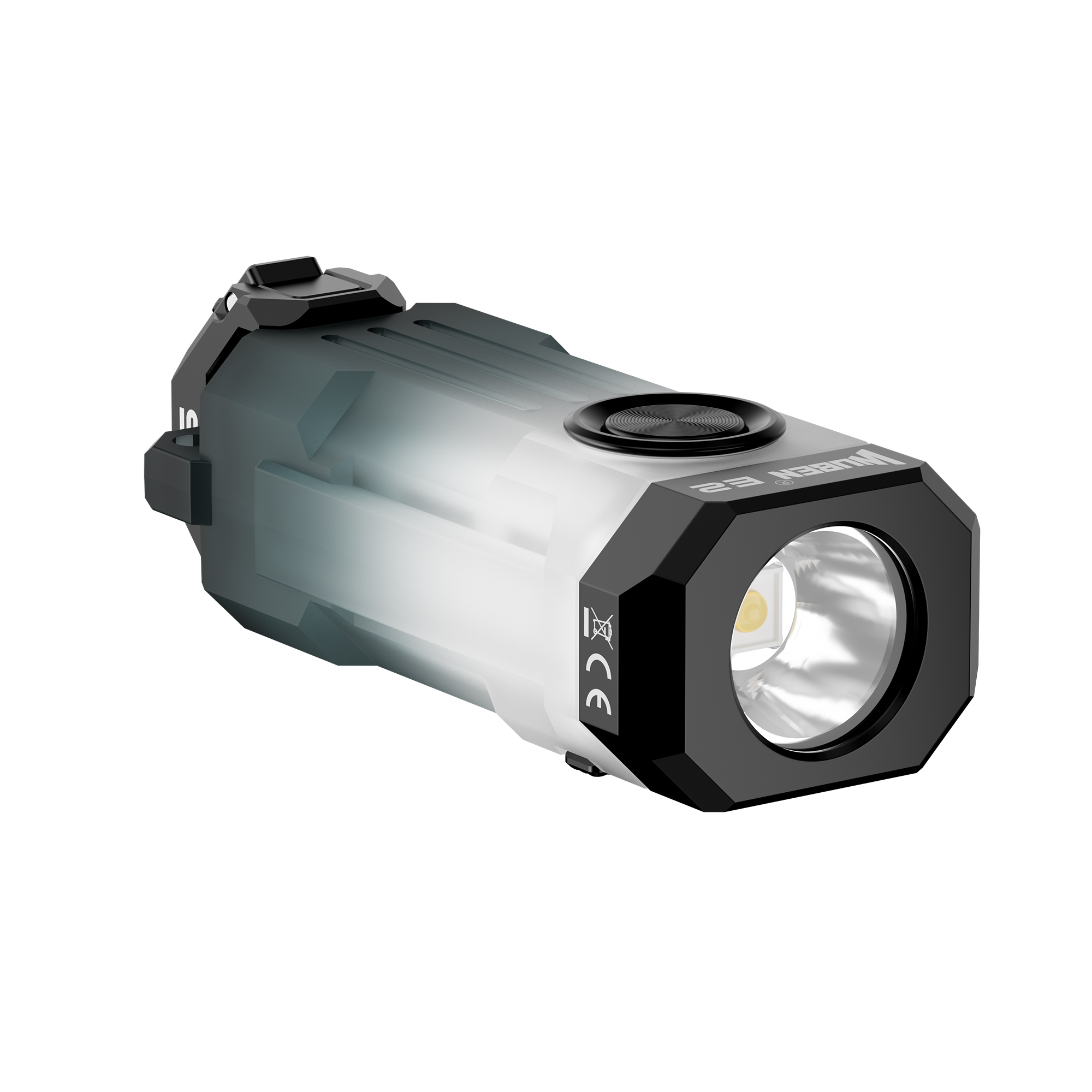 Eine kompakte, grau-schwarze LED-Taschenlampe mit Clip und Ein/Aus-Schalter auf einem weißen Hintergrund.