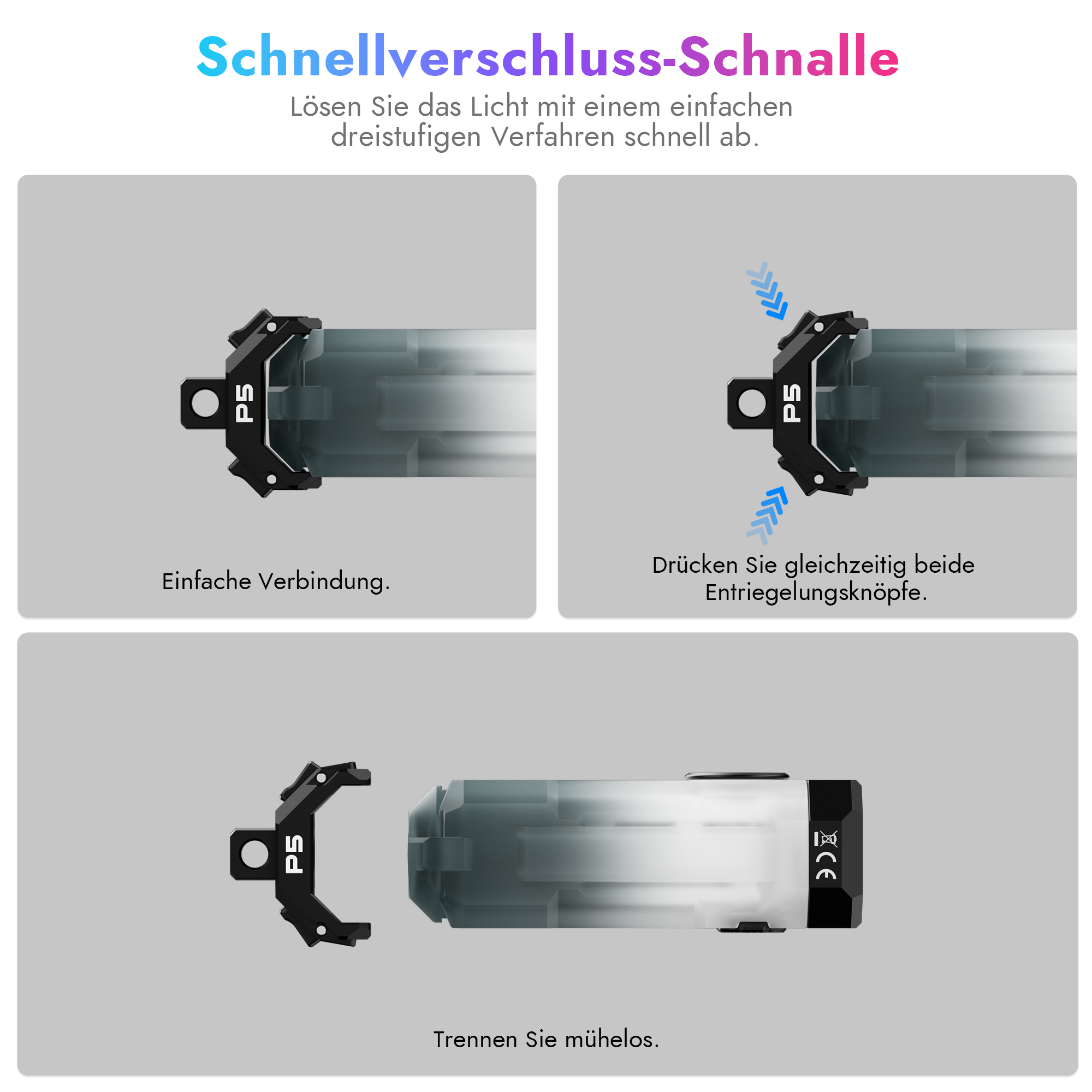 Anleitung zur Schnellverschluss-Schnalle mit drei Schritten zur Verbindung und Trennung.