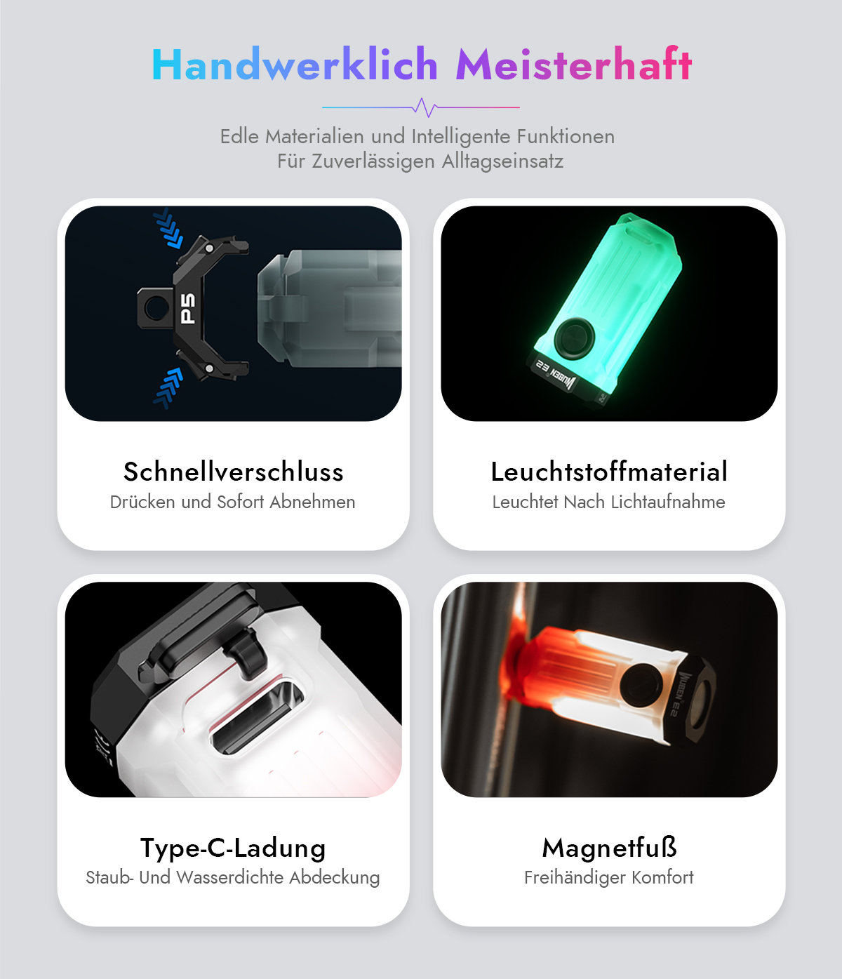 Vier Paneele zeigen Produktmerkmale: Schnellverschluss, leuchtendes Material, Typ-C-Ladung und Magnetfuß.
