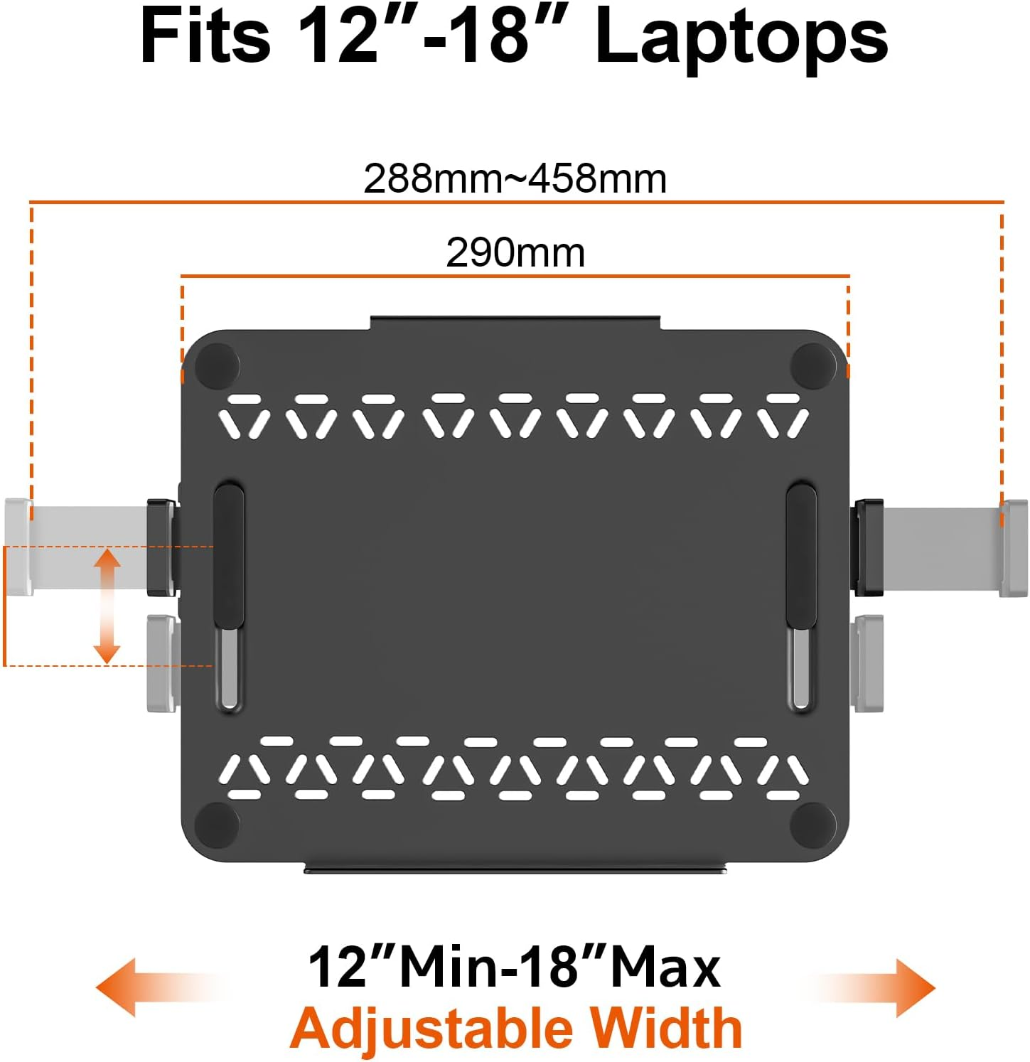 Technische Zeichnung eines verstellbaren Laptopständers mit Maßen für 12 bis 18 Zoll.