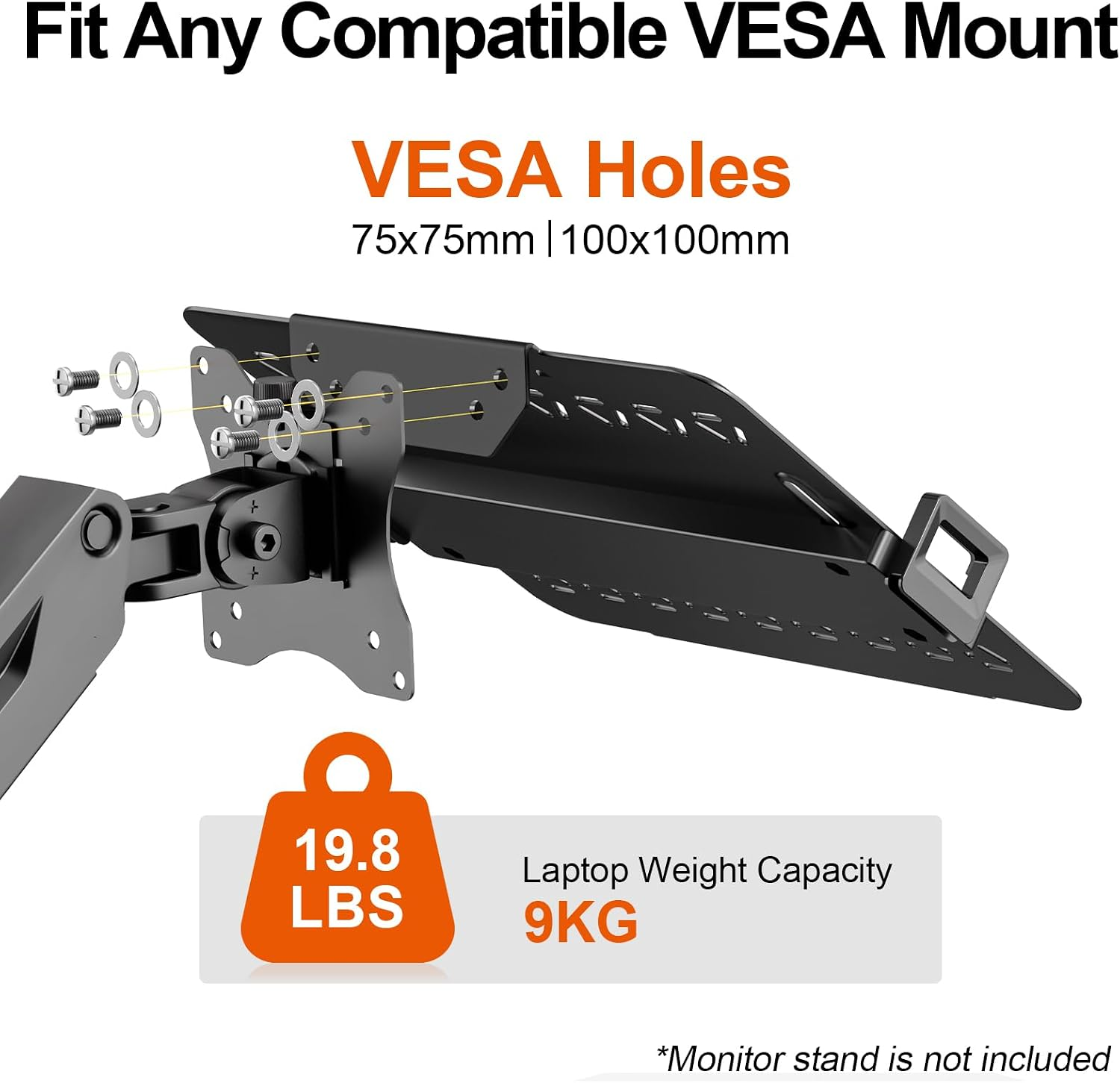 Eine schwarze Laptop-Halterung mit VESA 75x75mm und 100x100mm, trägt bis zu 9 kg.