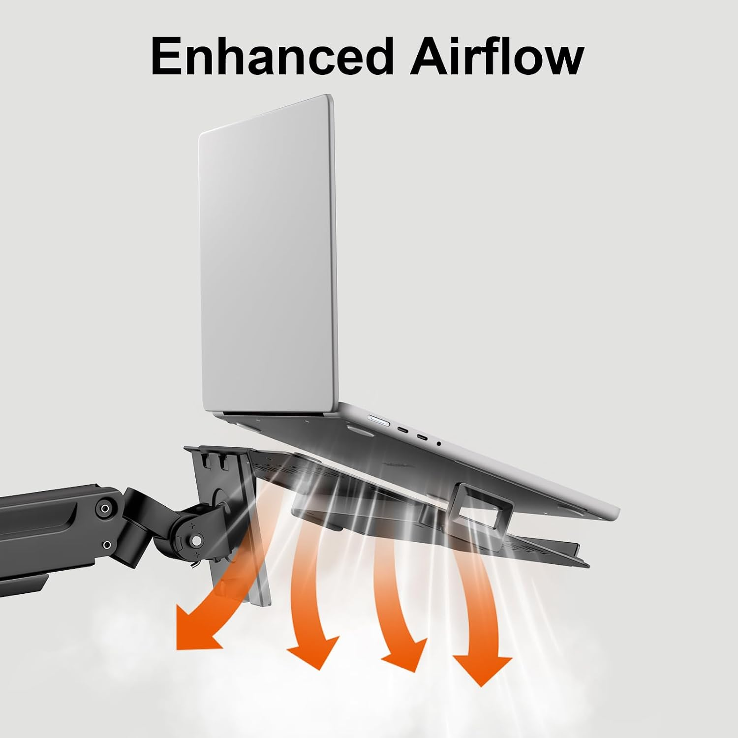 Laptop auf schwarzem Arm mit Pfeilen für verbesserte Luftzirkulation.