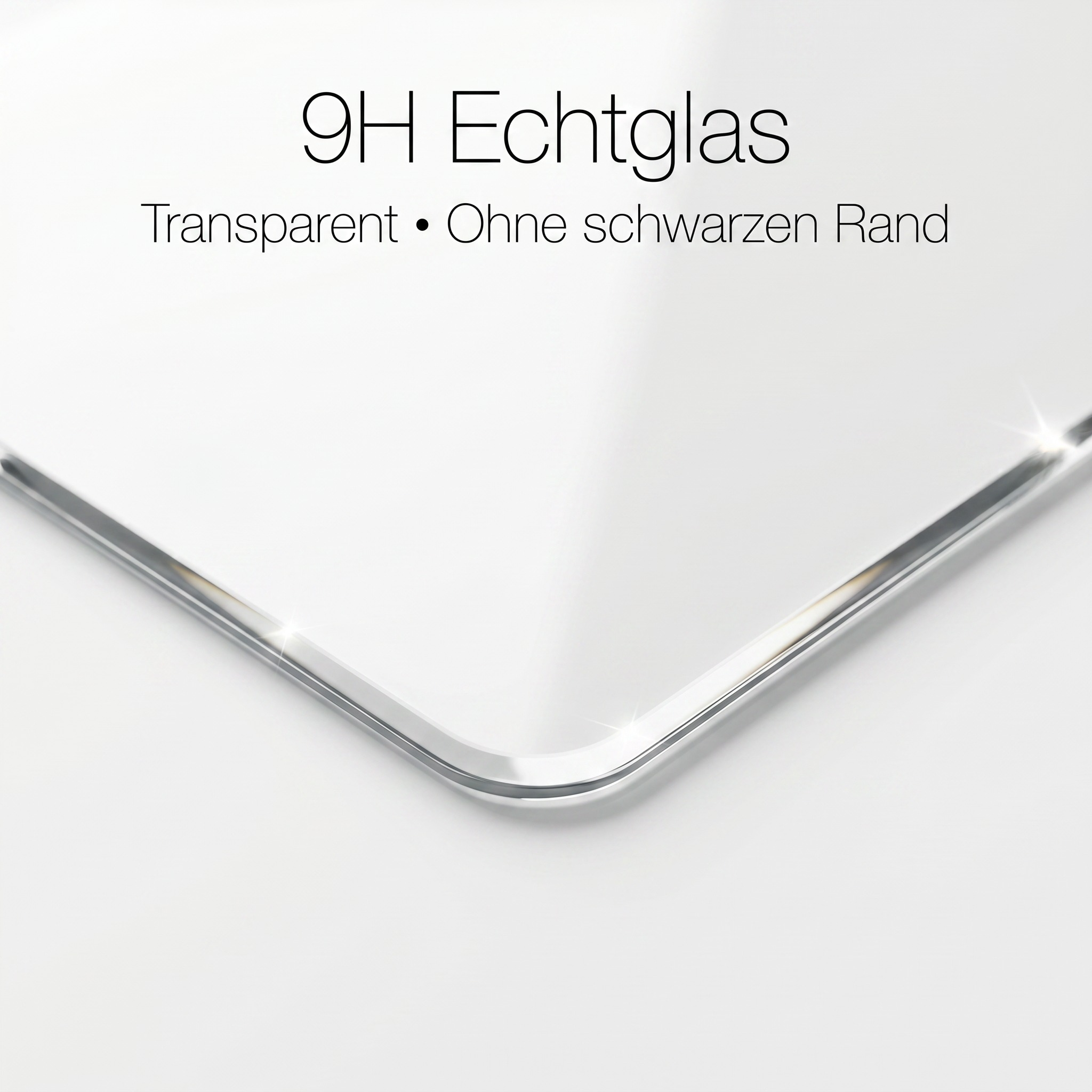 Glänzendes, transparentes 9H Echtglas mit abgerundeter Ecke und Textur.