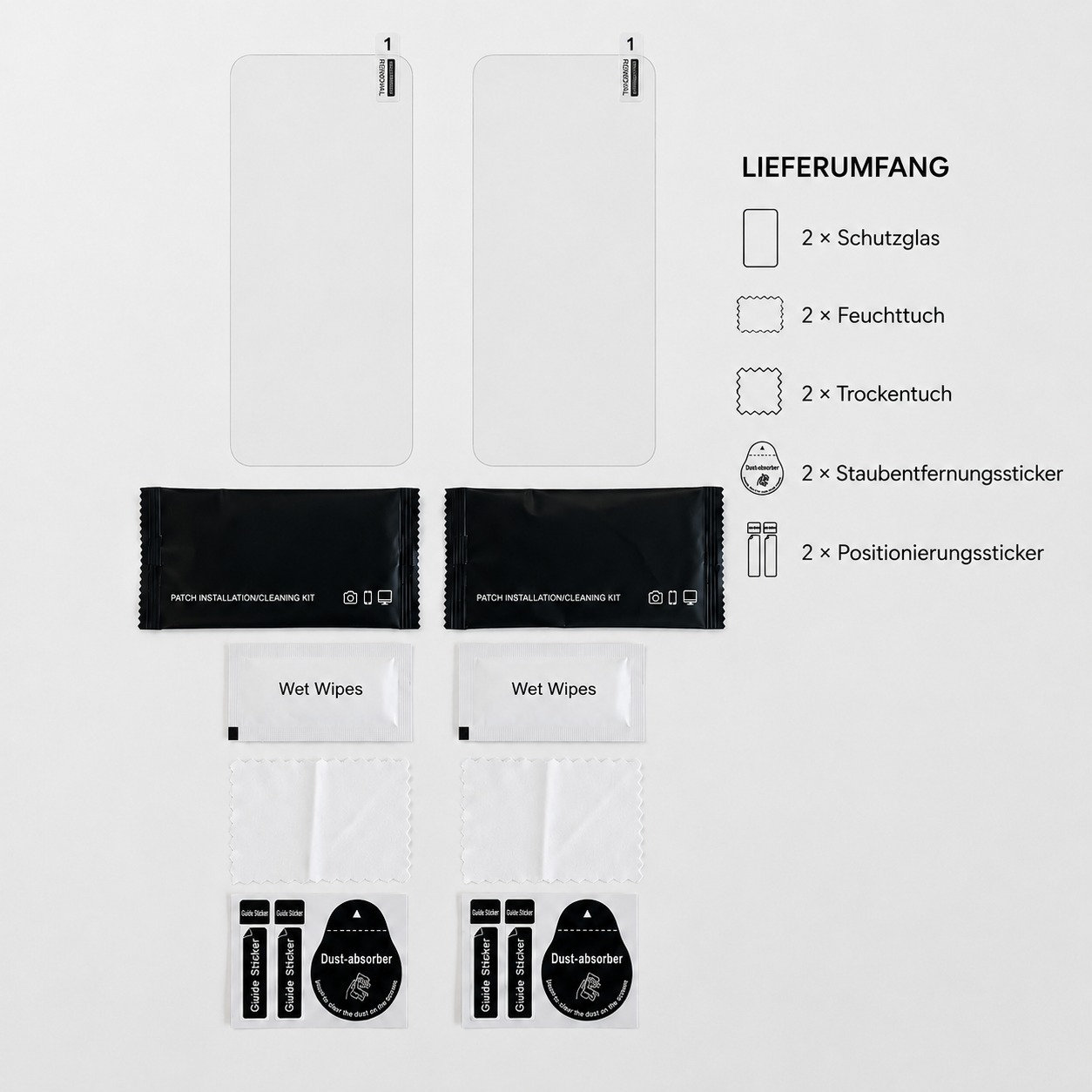 Lieferumfang eines Schutzglas-Sets mit zwei Displayschutzfolien und Reinigungstüchern.